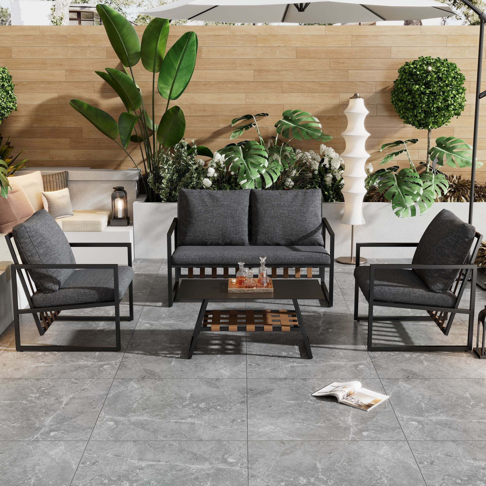 Garden Furniture Seating Set for 4 People with Sofa, Coffee Table and Cushions, Black