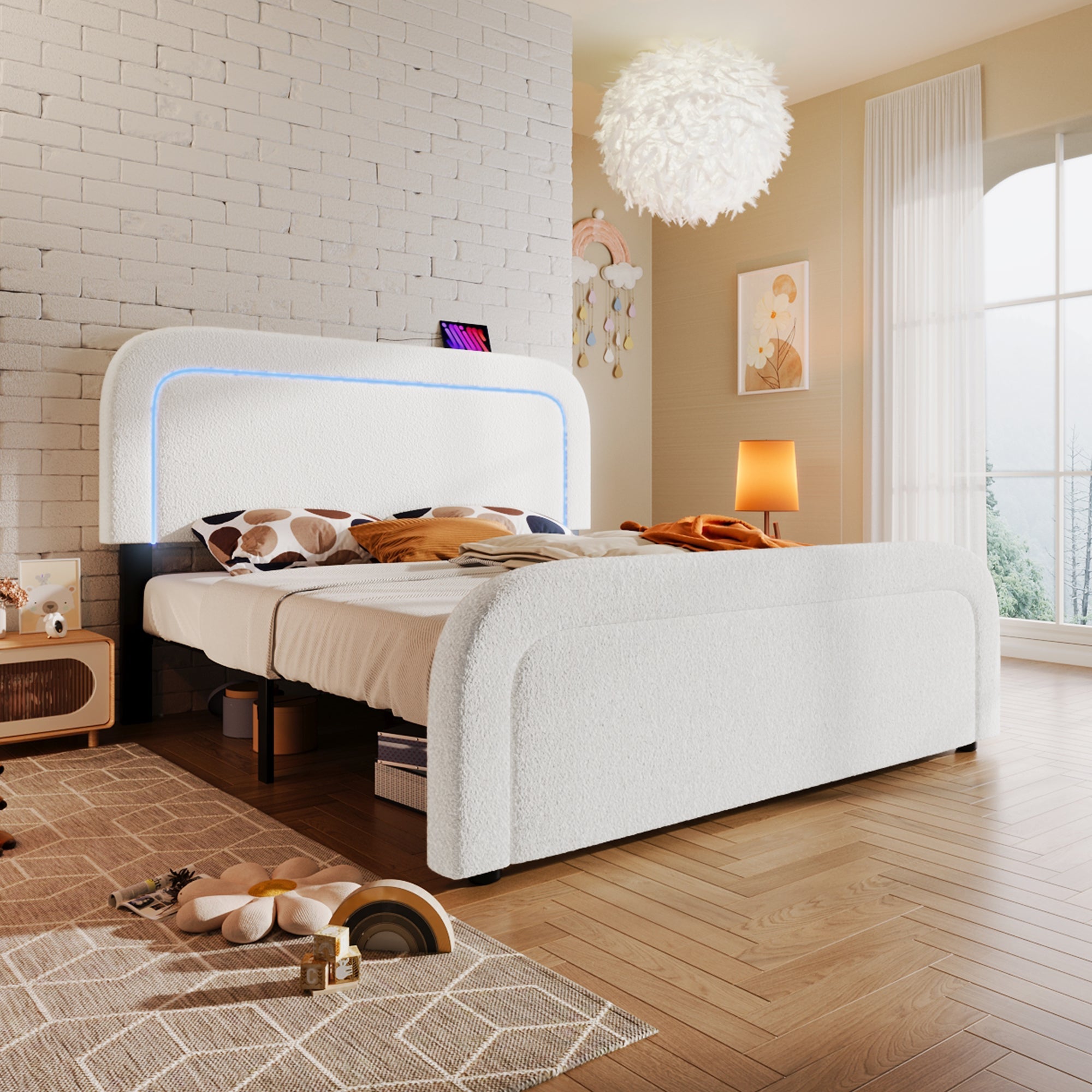 Bed Frame, 160x200cm Upholstered with USB-C & LED, Wood Slatted, Sherp White