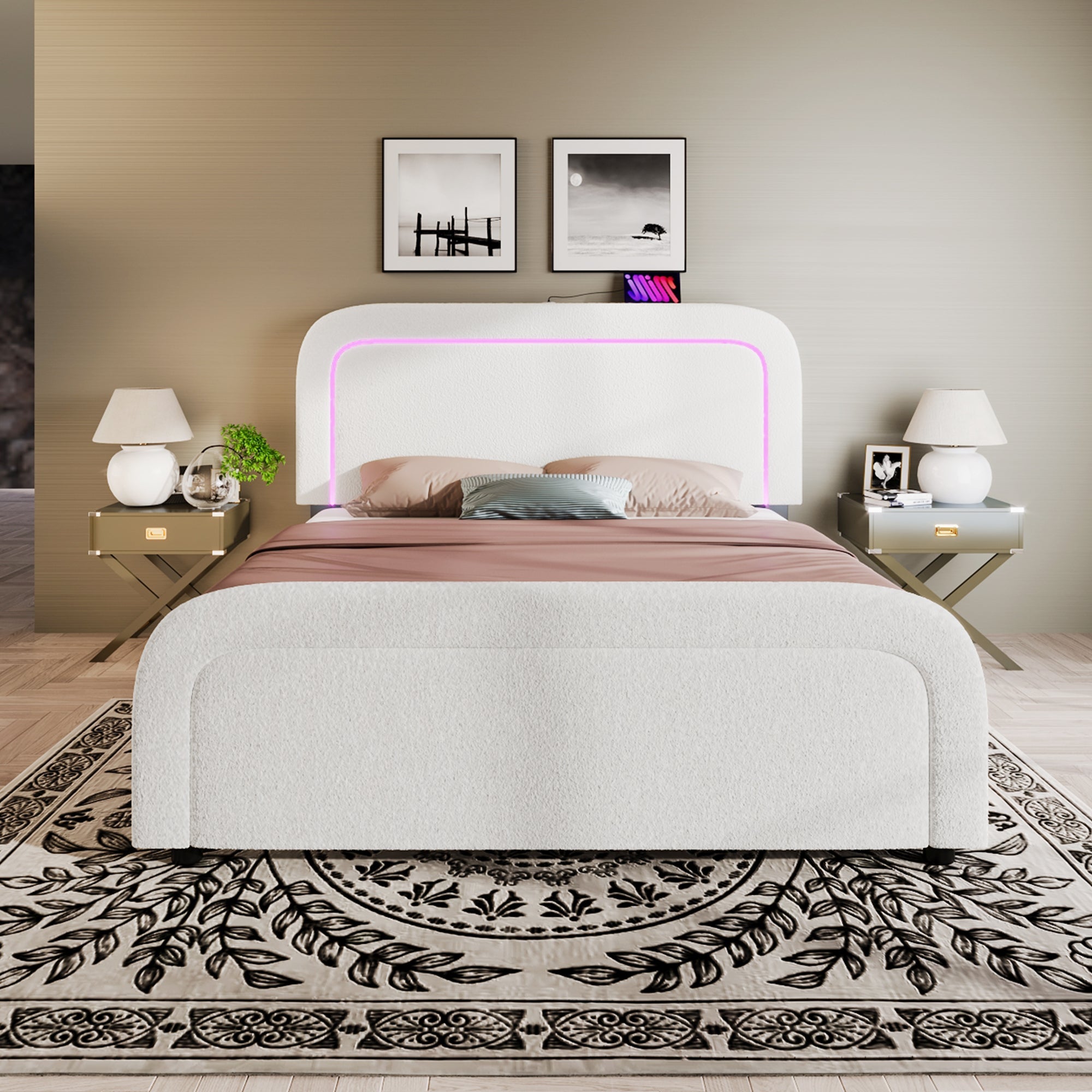 Bed Frame, 160x200cm Upholstered with USB-C & LED, Wood Slatted, Sherp White