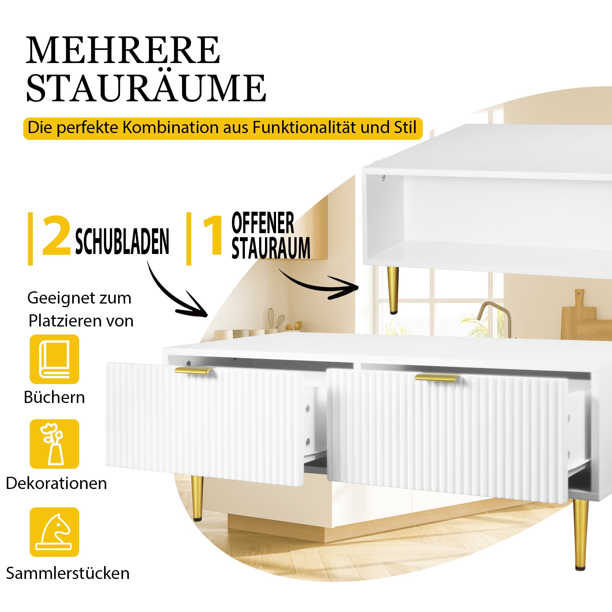 Modern White Coffee Table with 2 Drawers, Vertical Stripe Design, 100x50x40cm, Gold Accents
