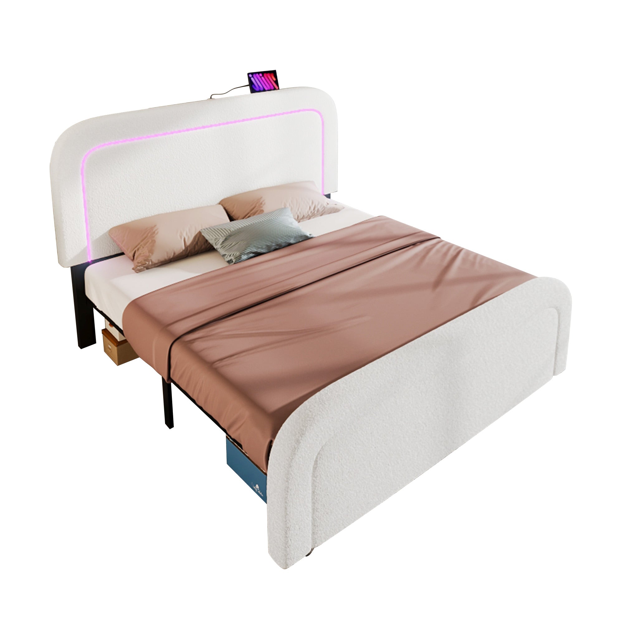 Bed Frame, 160x200cm Upholstered with USB-C & LED, Wood Slatted, Sherp White