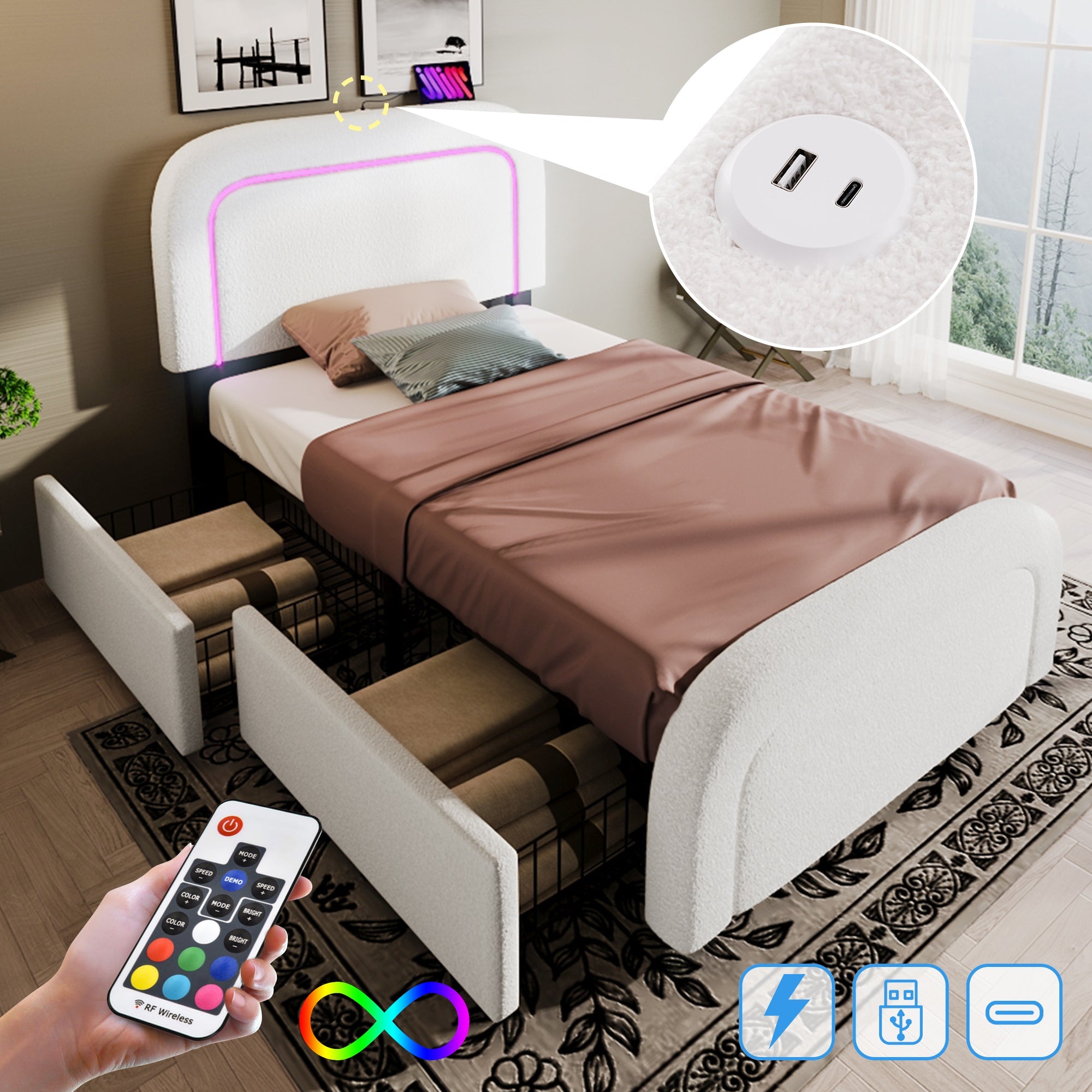 Bed Frame, USB Type-C, LED, 2-Drawer, Single, Upholstered, Sherpa White