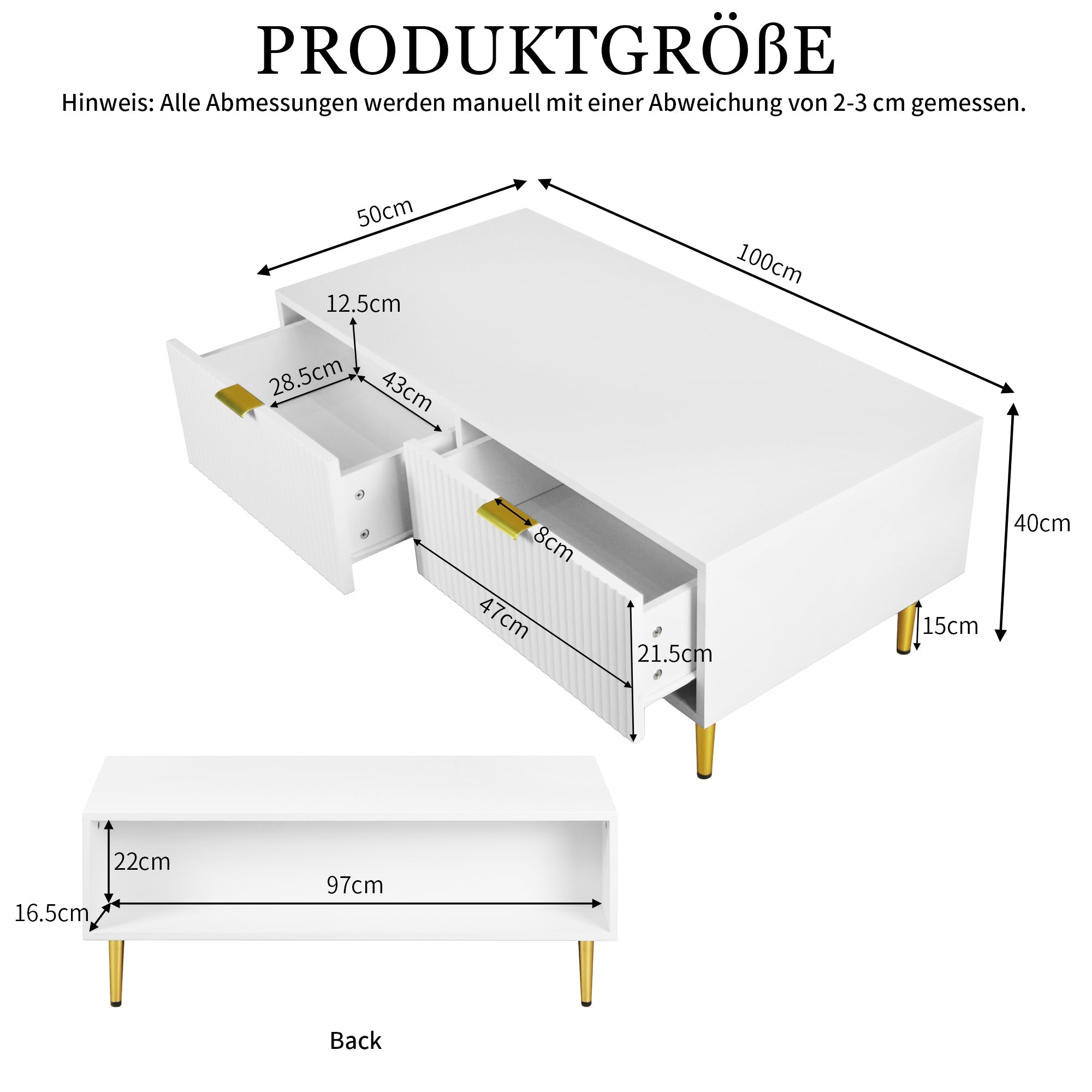 Modern White Coffee Table with 2 Drawers, Vertical Stripe Design, 100x50x40cm, Gold Accents