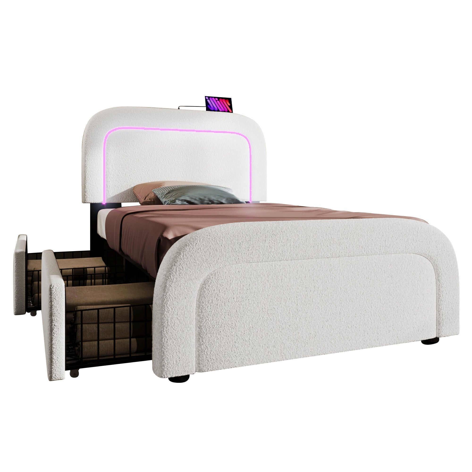 Bed Frame, USB Type-C, LED, 2-Drawer, Single, Upholstered, Sherpa White