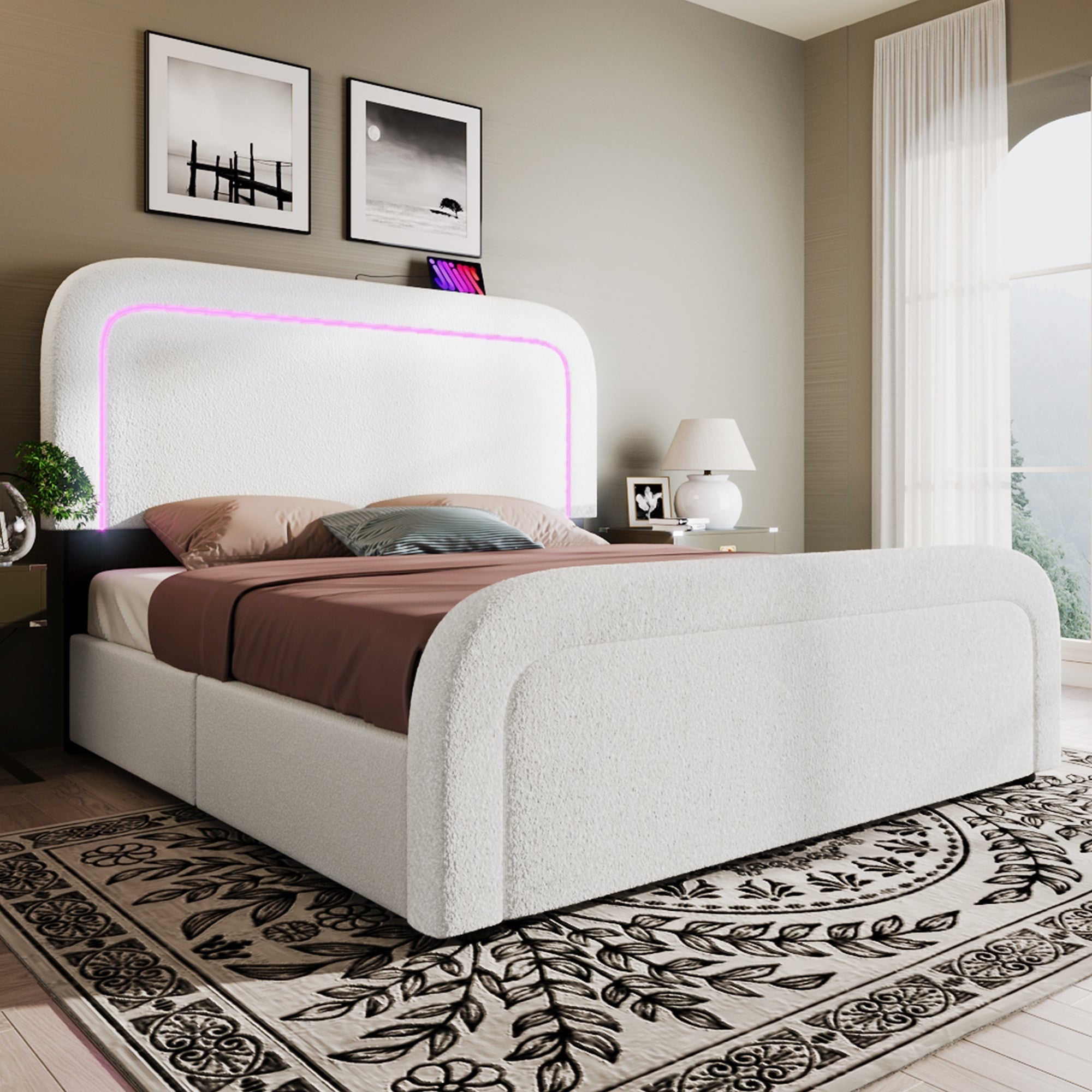 Upholstered Bed with USB Type C, LED Lighting and 4 Drawers, 160x200cm, Sherpa White with Mattress