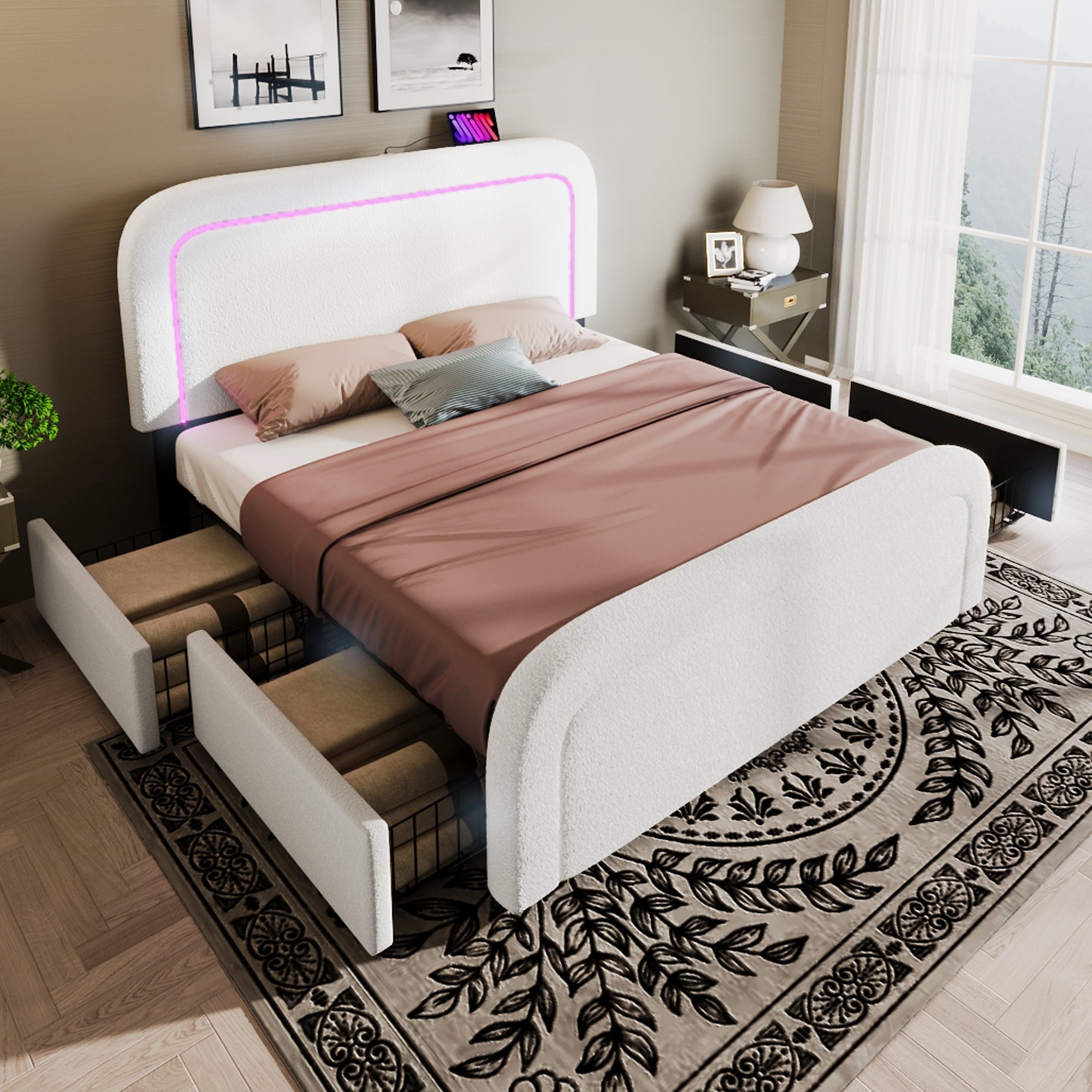 Upholstered Bed with USB Type C, LED Lighting and 4 Drawers, 160x200cm, Sherpa White with Mattress