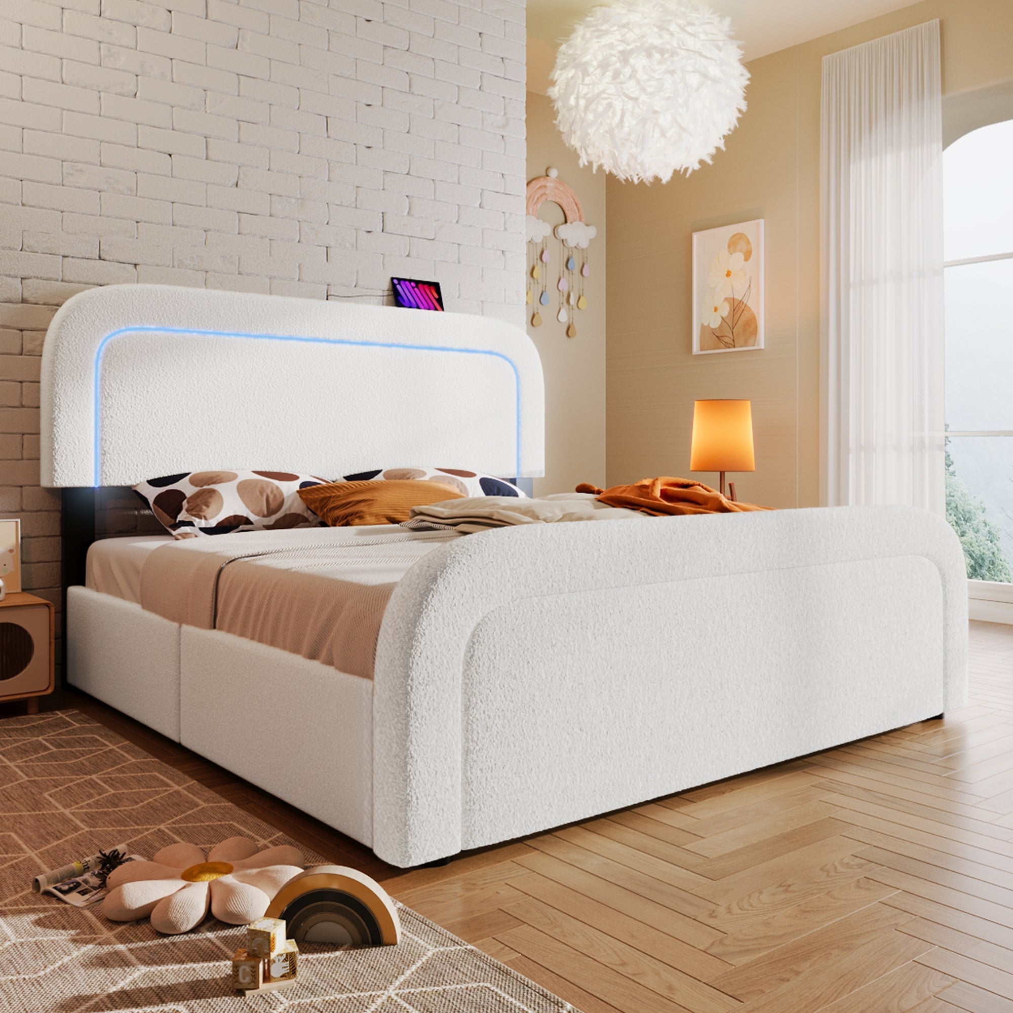 Bed Frame, USB-C, LED, 4-Drawer, 140x200cm, Adjustable Headboard, Sherpa White