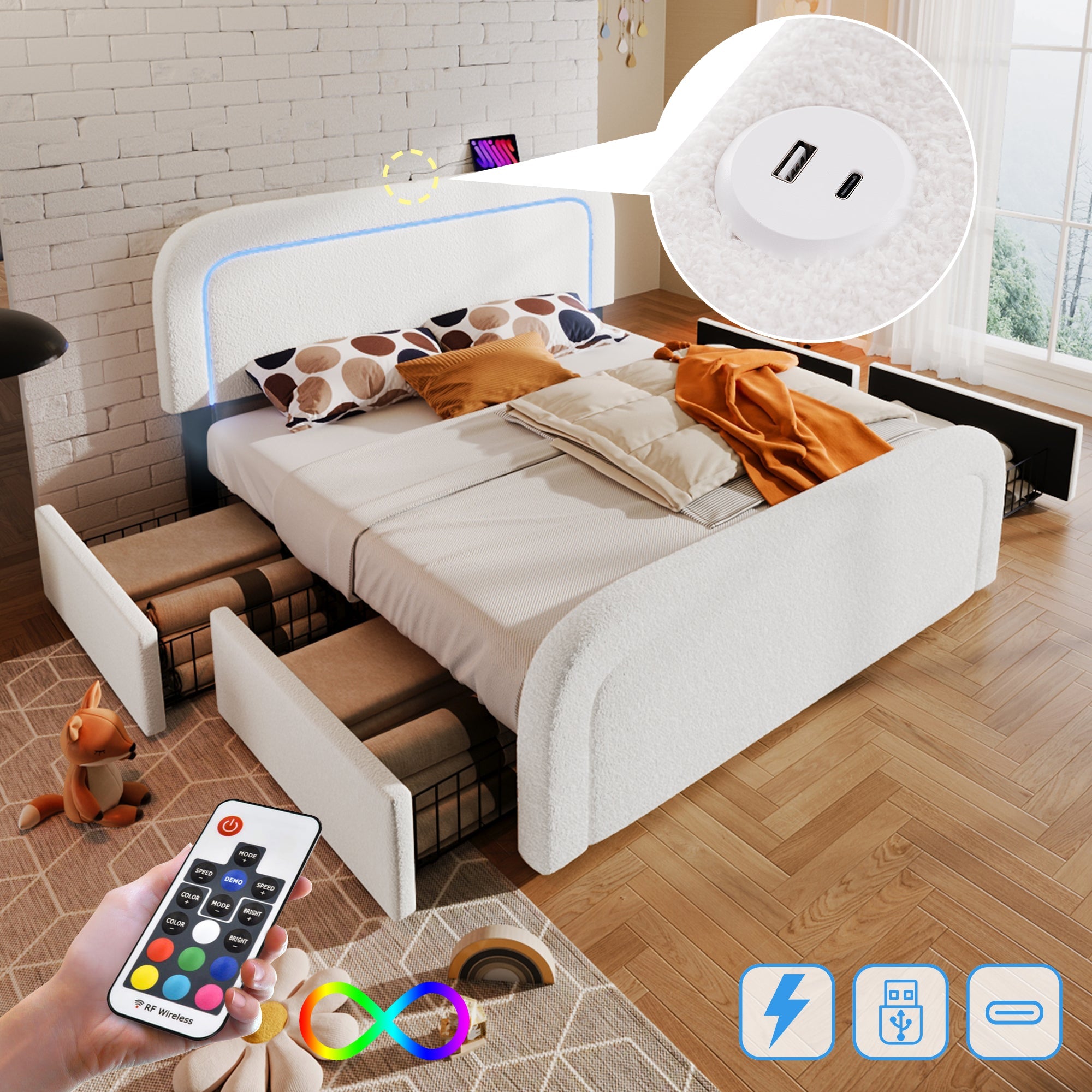 Bed Frame, USB-C, LED, 4-Drawer, 140x200cm, Adjustable Headboard, Sherpa White