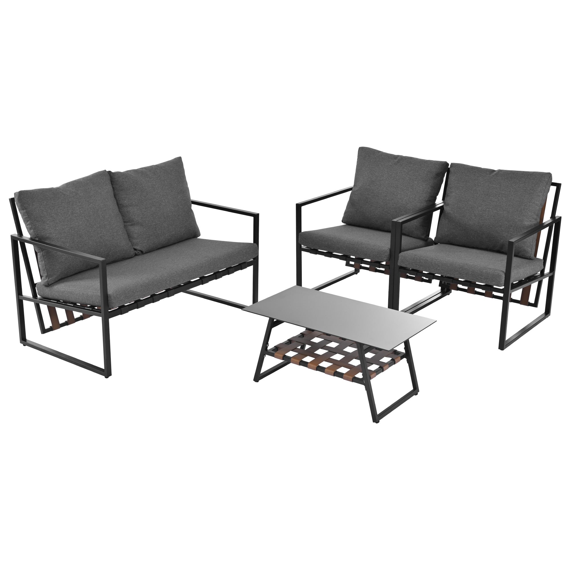 Retro PVC Strap Sofa Set with Tempered Glass Table and Cushions