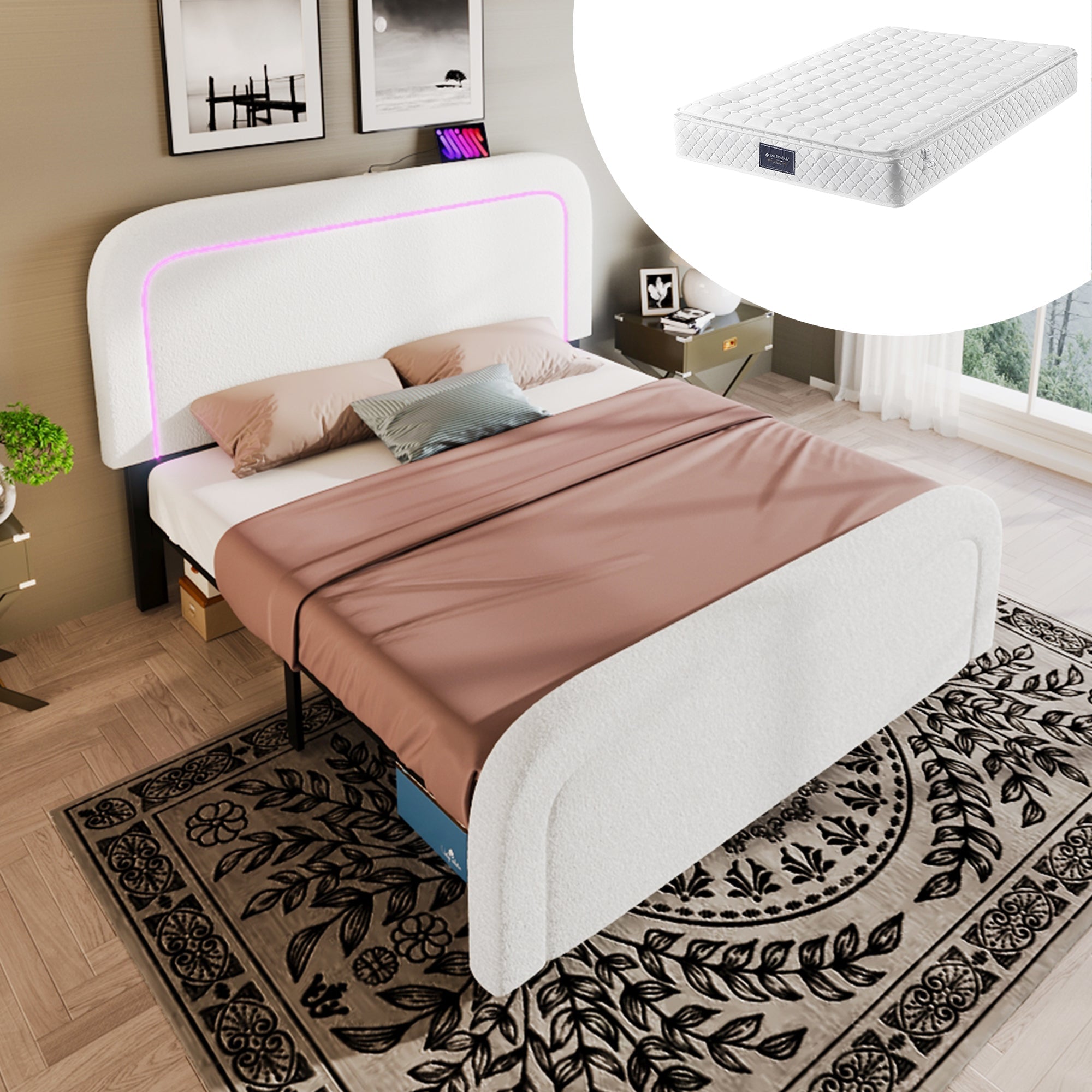 Bed Frame, 160x200cm Upholstered with USB-C & LED, Wood Slatted, Sherp White