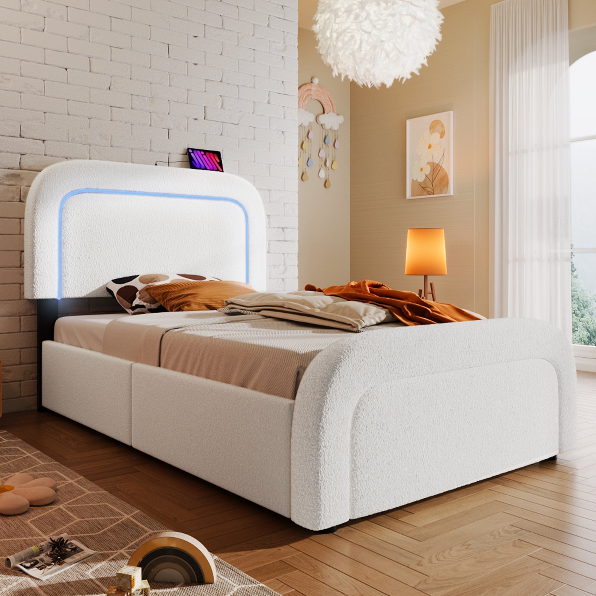 Bed Frame, USB Type-C, LED, 2-Drawer, Single, Upholstered, Sherpa White