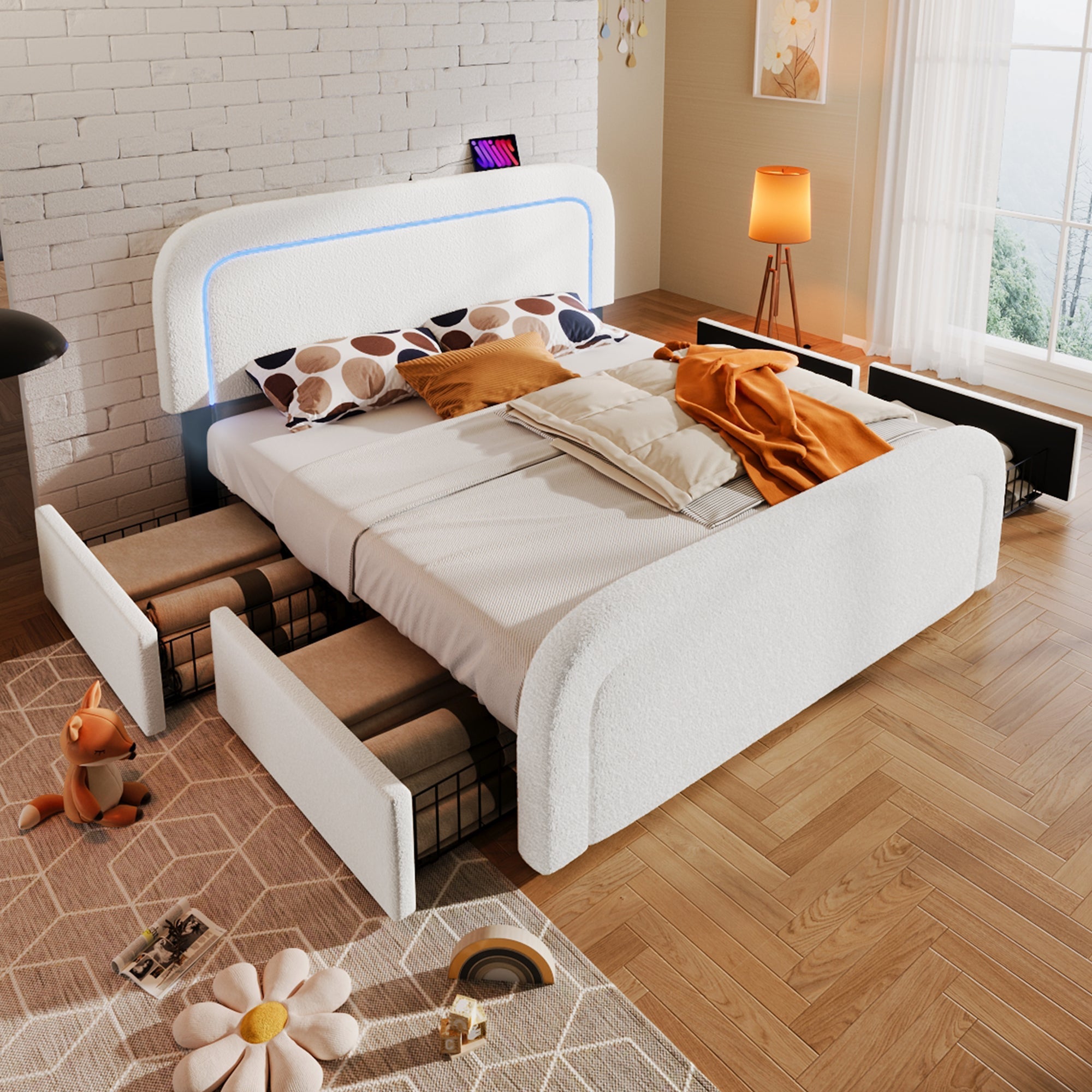 Bed Frame, USB-C, LED, 4-Drawer, 140x200cm, Adjustable Headboard, Sherpa White