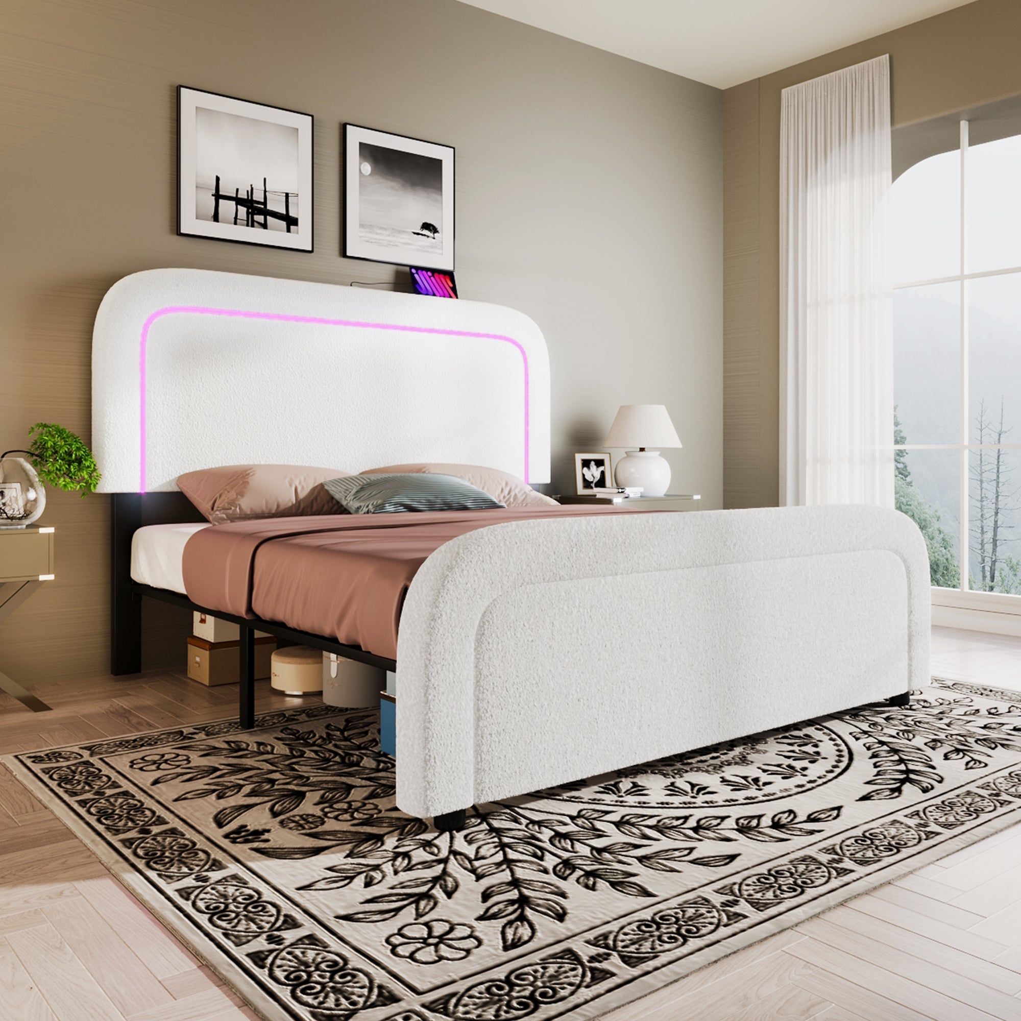 Bed Frame, 160x200cm Upholstered with USB-C & LED, Wood Slatted, Sherp White