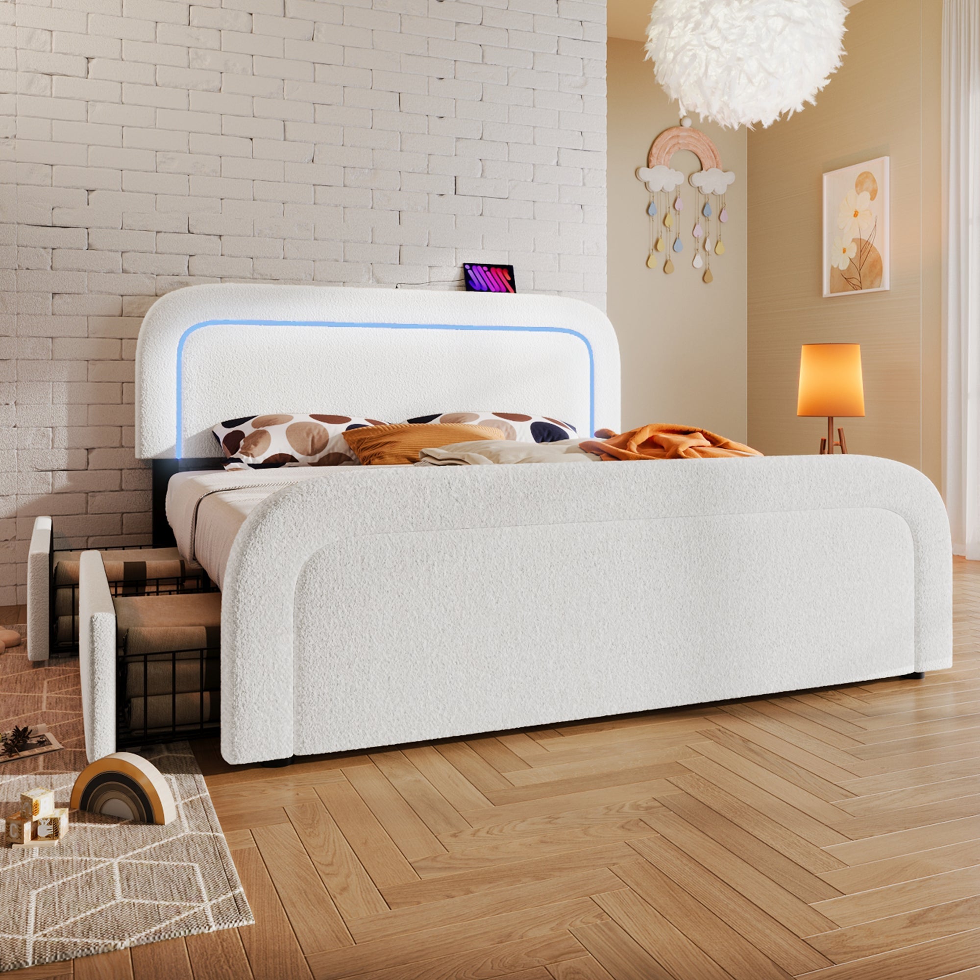 Bed Frame, USB-C, LED, 4-Drawer, 140x200cm, Adjustable Headboard, Sherpa White