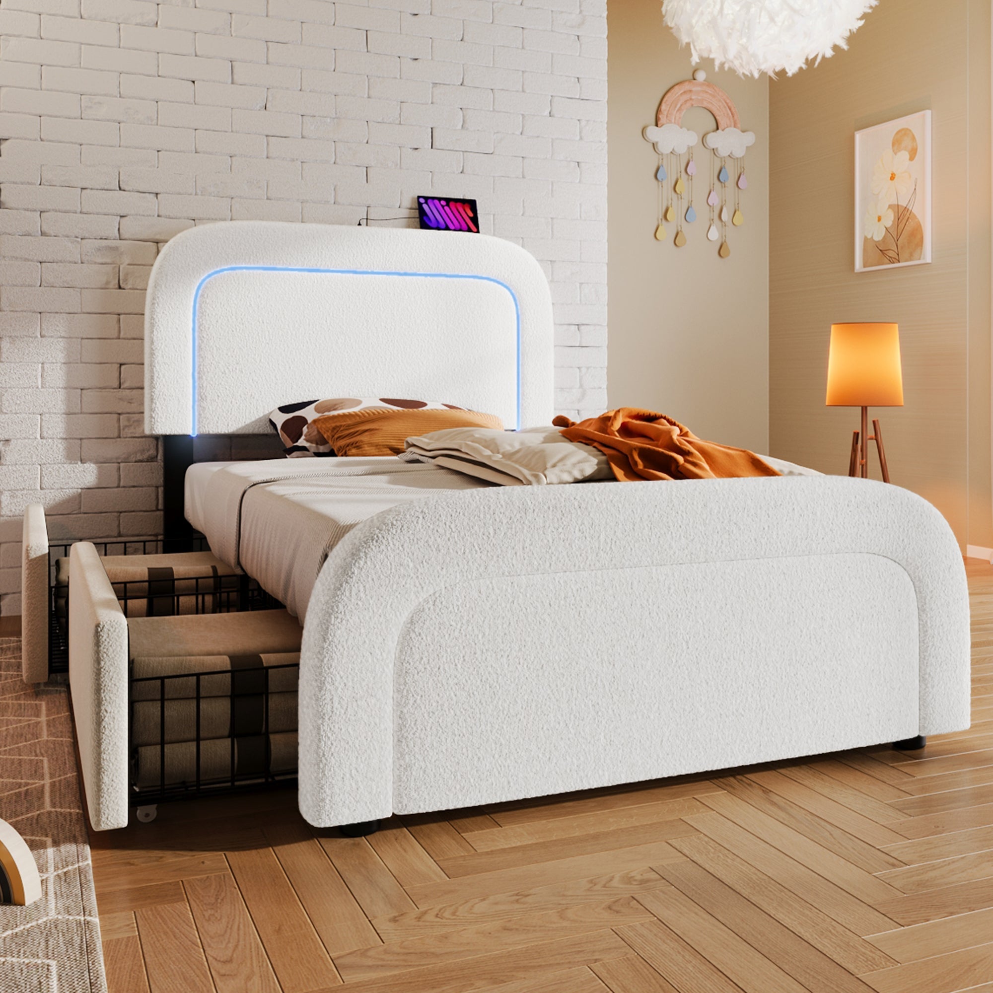 Bed Frame, USB Type-C, LED, 2-Drawer, Single, Upholstered, Sherpa White
