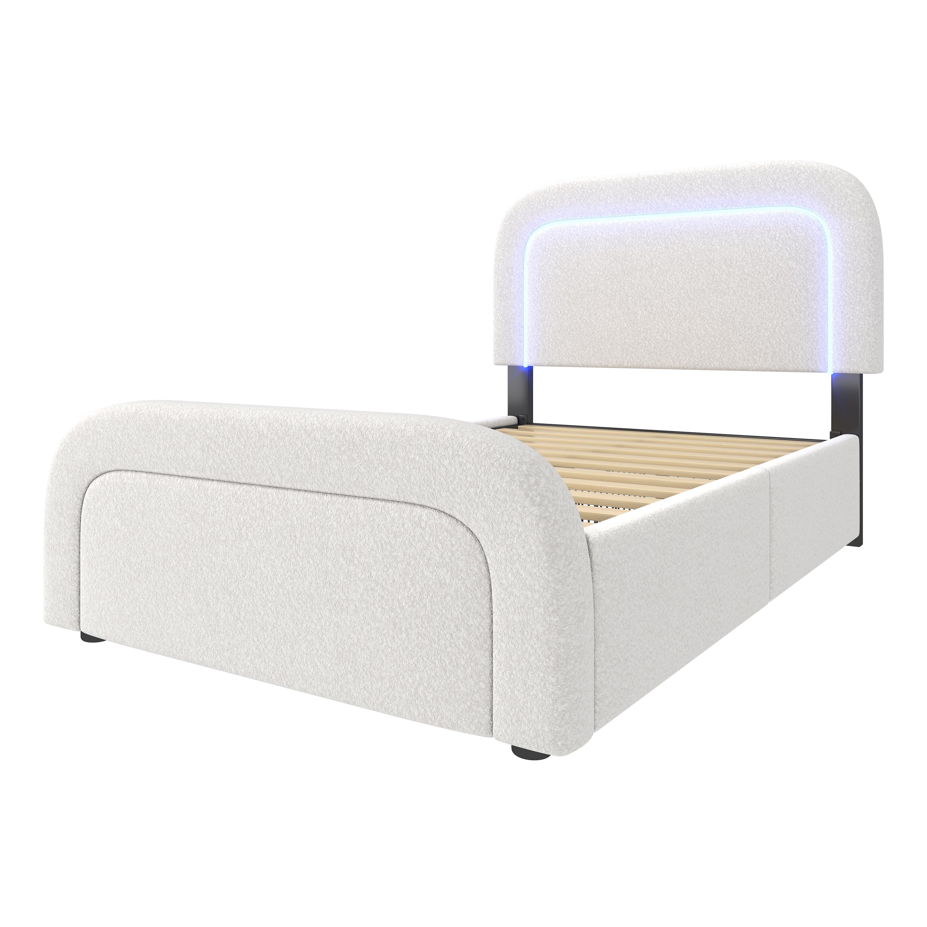 Bed Frame, USB-C LED Storage, Adjustable Headboard, Sherpa White