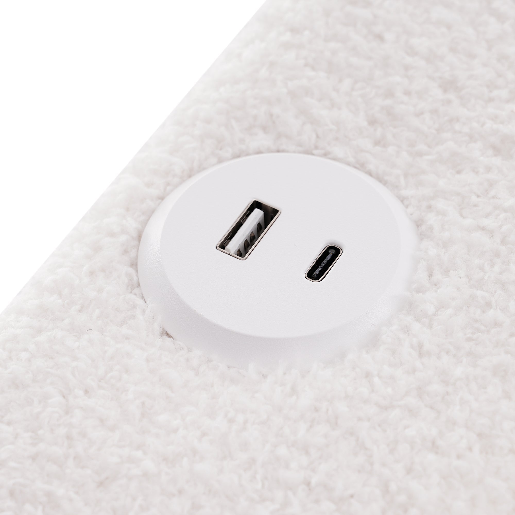 Bed Frame, USB Type-C, LED, 2-Drawer, Single, Upholstered, Sherpa White