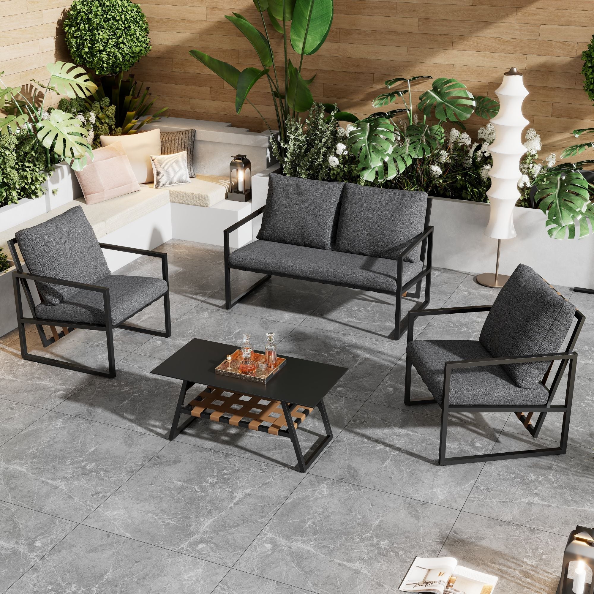 Garden Furniture Seating Set for 4 People with Sofa, Coffee Table and Cushions, Black