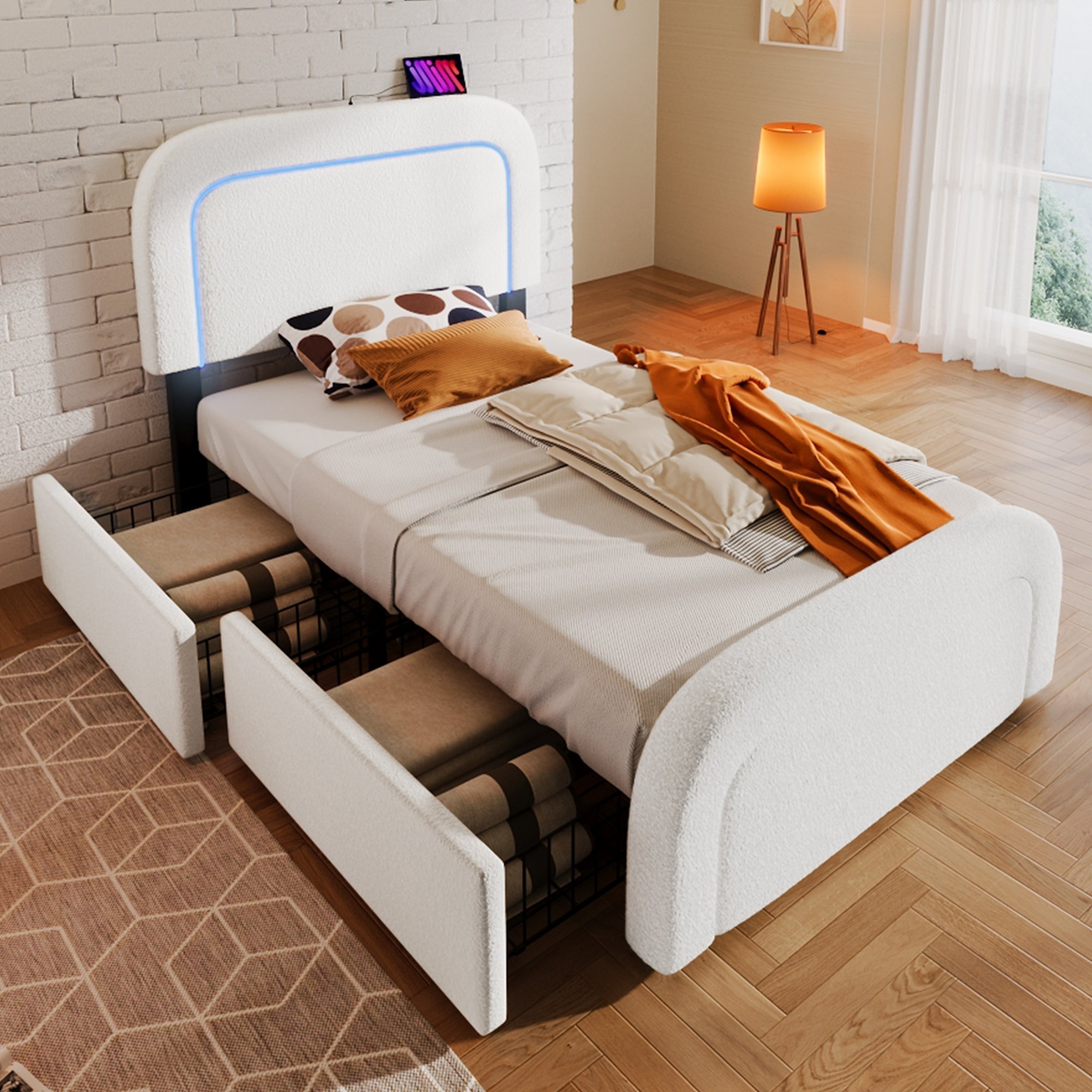 Bed Frame, USB-C LED Storage, Adjustable Headboard, Sherpa White