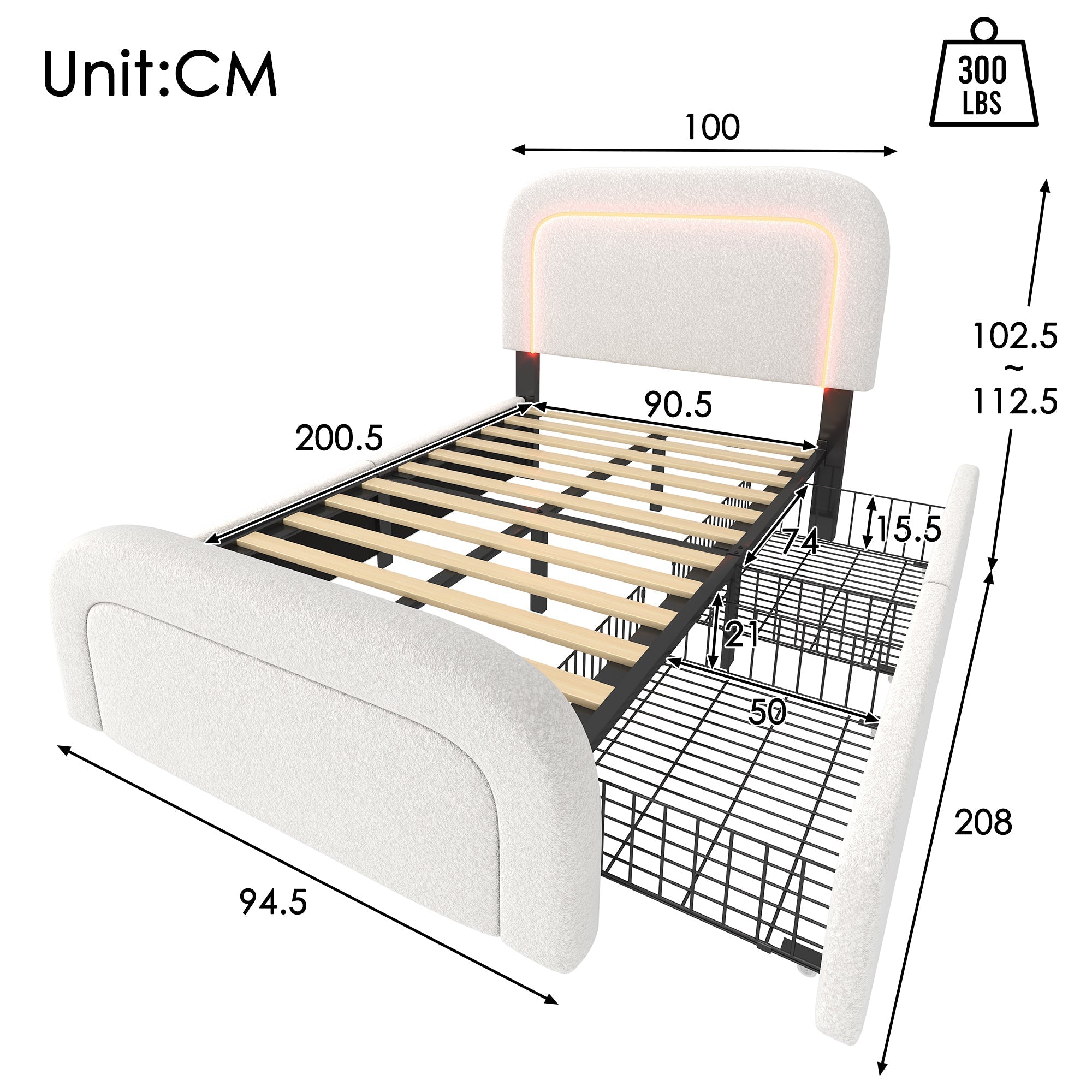 Bed Frame, USB-C LED Storage, Adjustable Headboard, Sherpa White