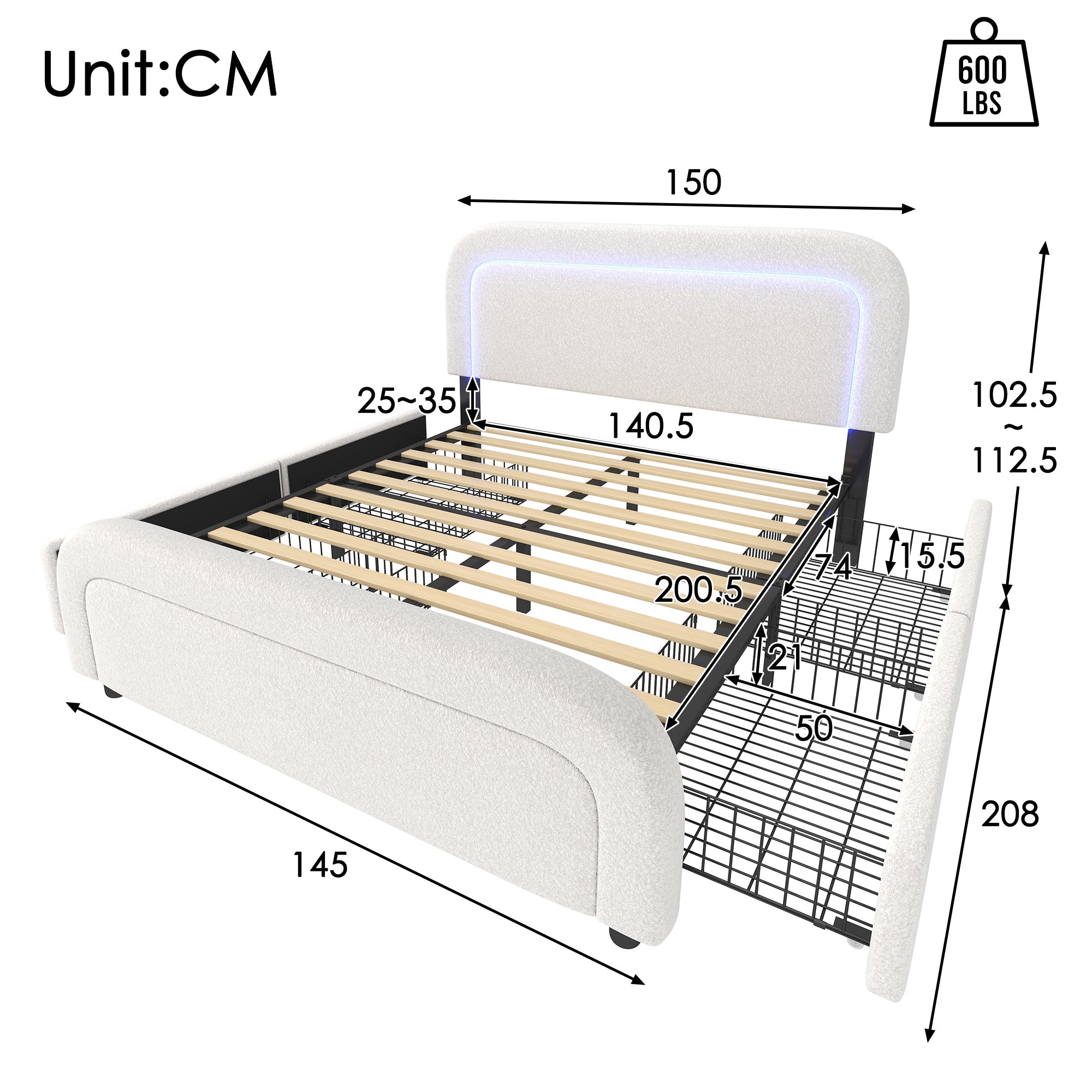 Bed Frame, USB-C, LED, 4-Drawer, 140x200cm, Adjustable Headboard, Sherpa White