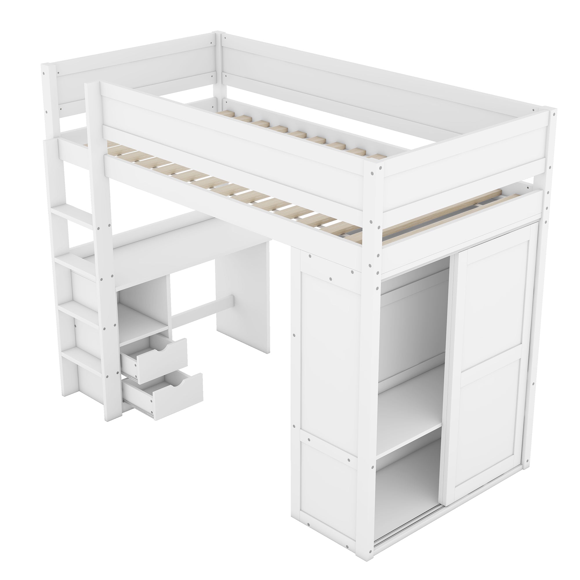 Loft Bed 90x200cm with Desk Wardrobe Drawers - White