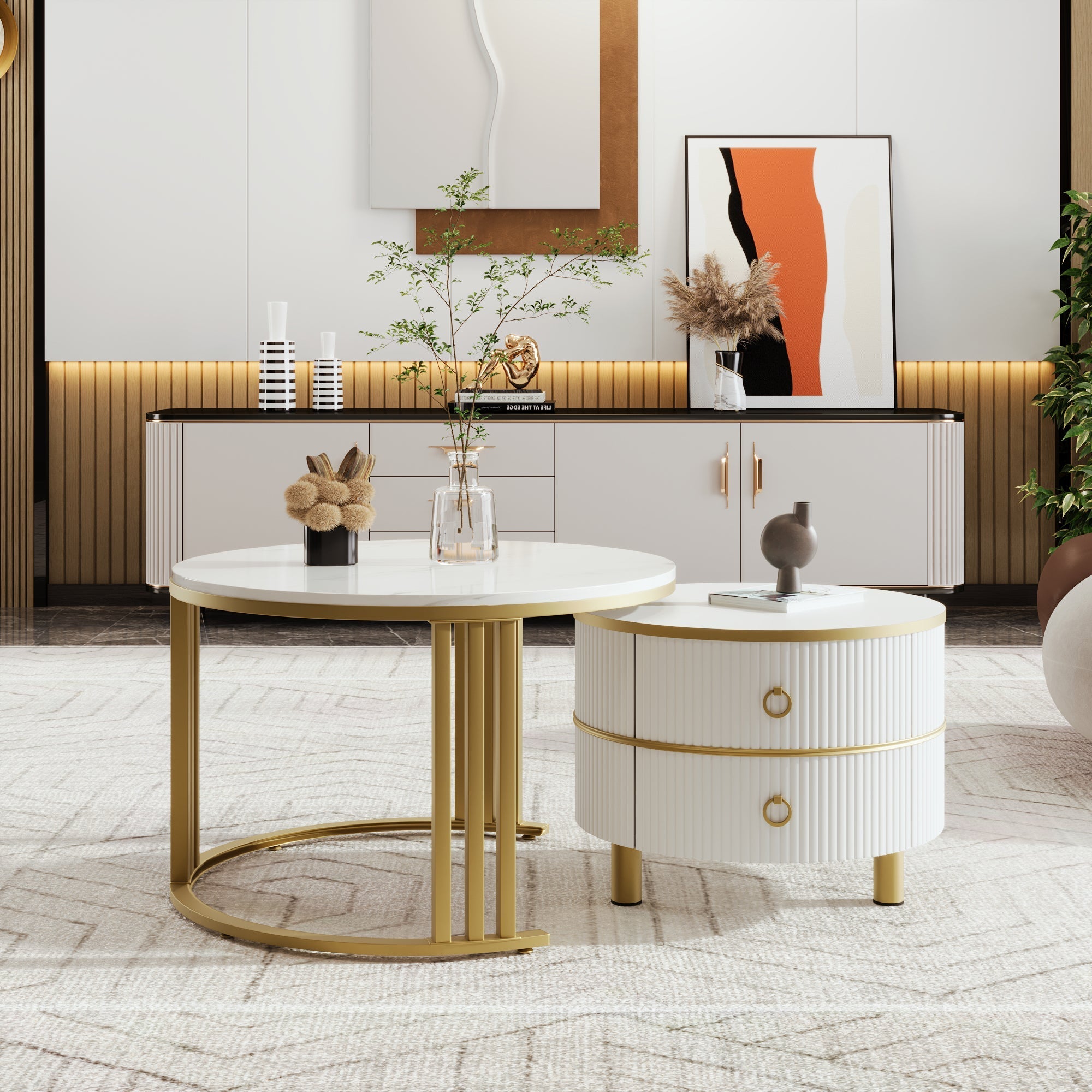 Coffee Table Set, 2-in-1 Round MDF & Side Table with Drawers, White