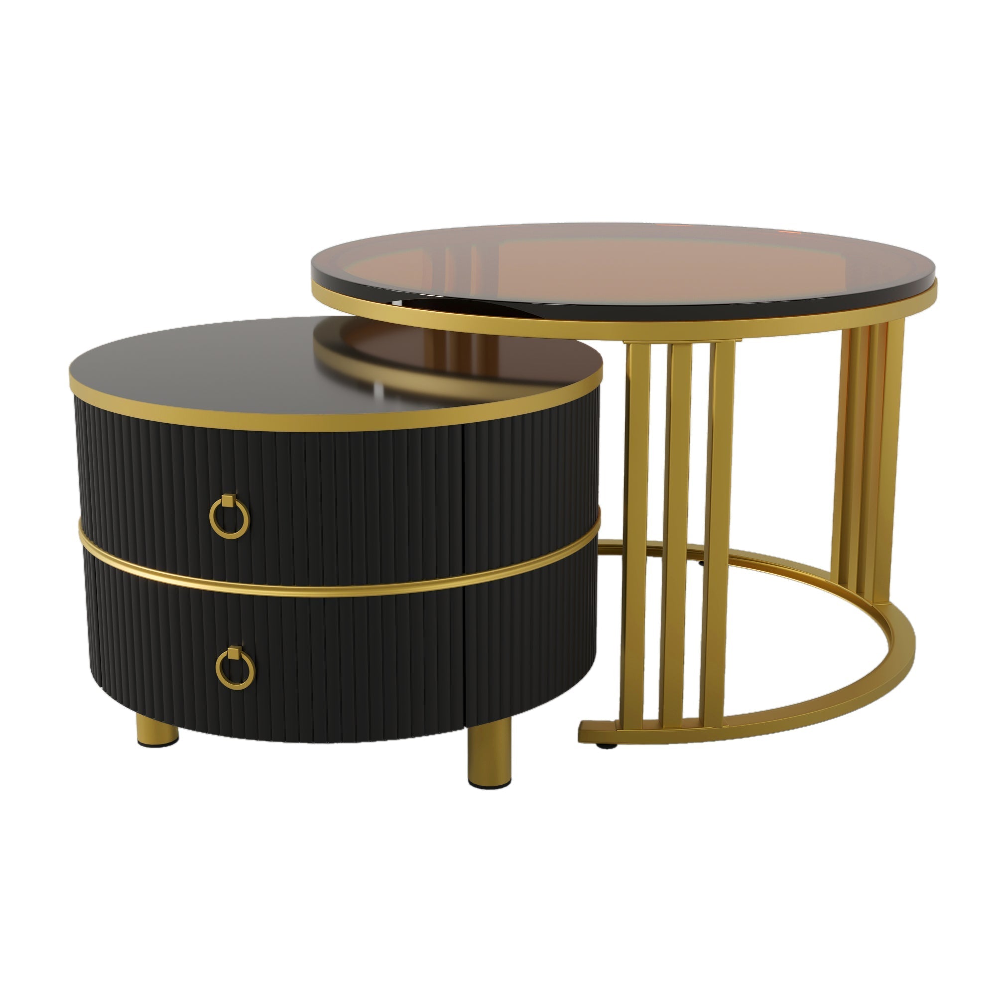 2-in-1 Round Coffee Table Set with 2 Drawers, MDF & Tempered Glass, Brown