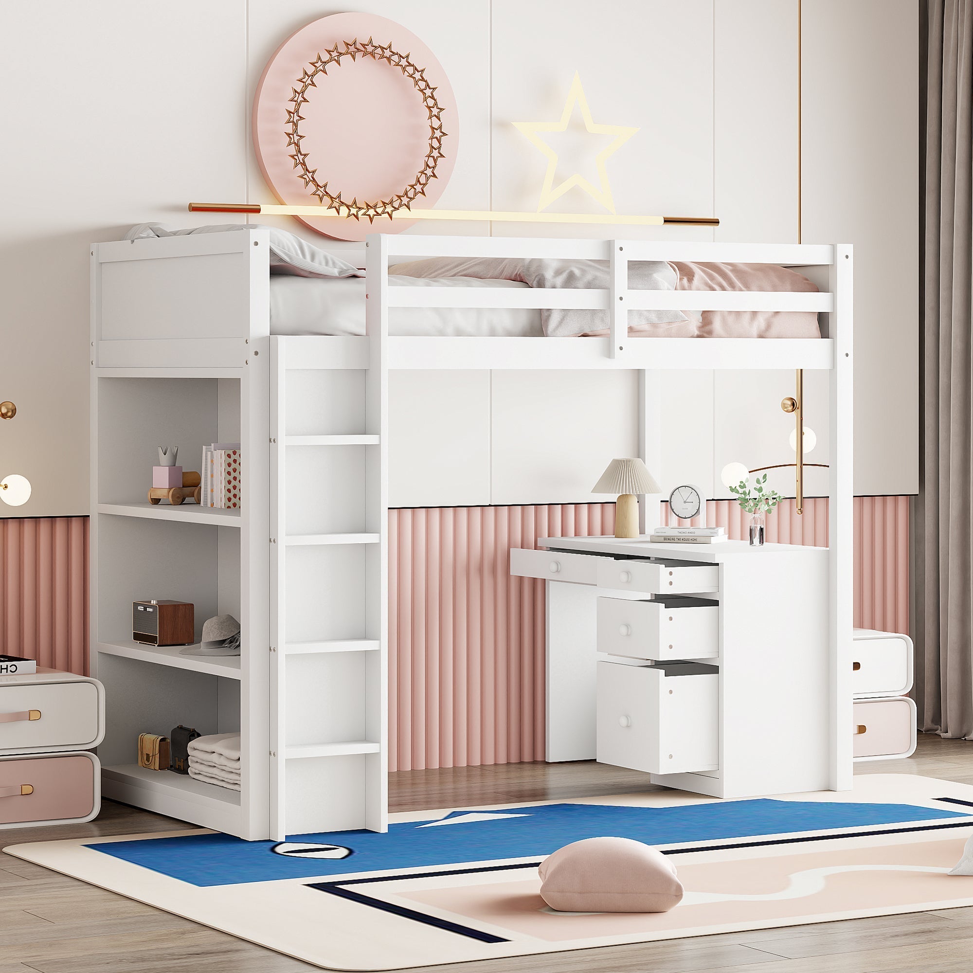 Loft Bed, 90x200 cm, Storage & Desk, Wood White