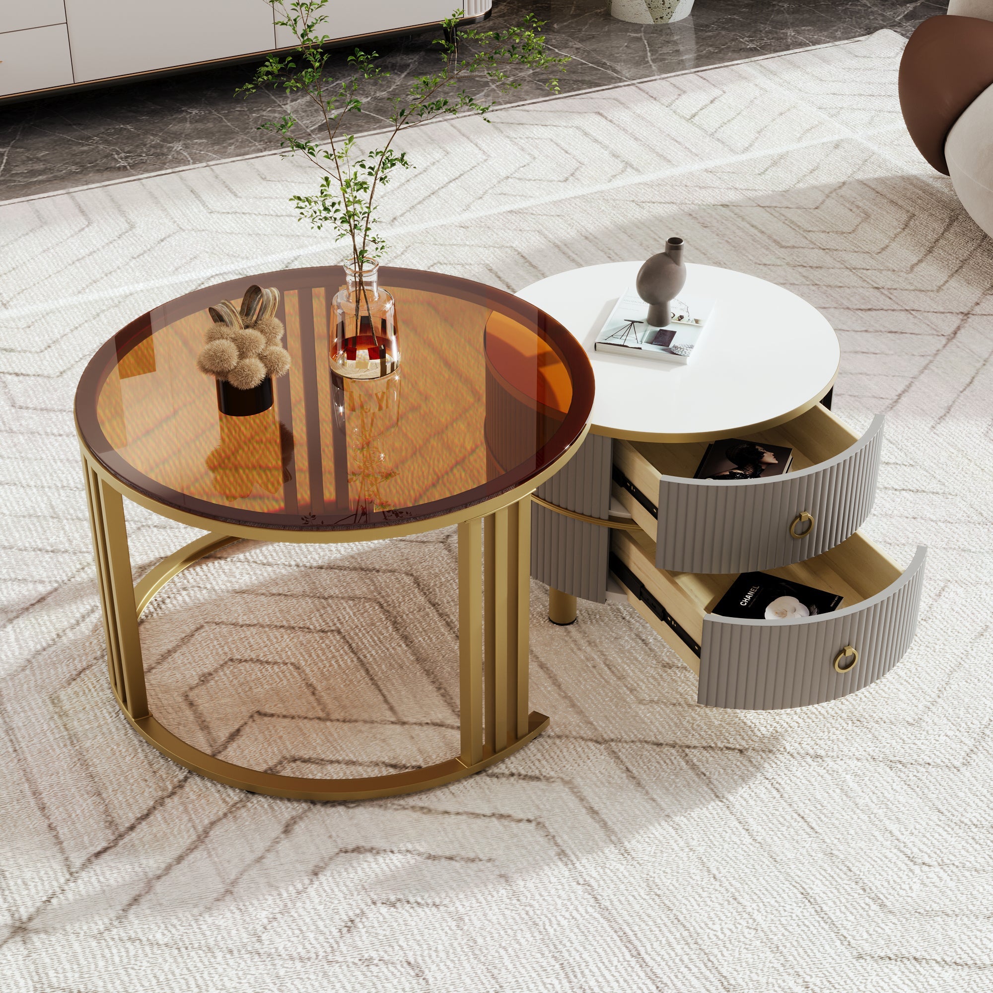 2-in-1 Round Coffee Table Set with High-Gloss Top, Tempered Glass Side Table, and 2 Drawers, Brown