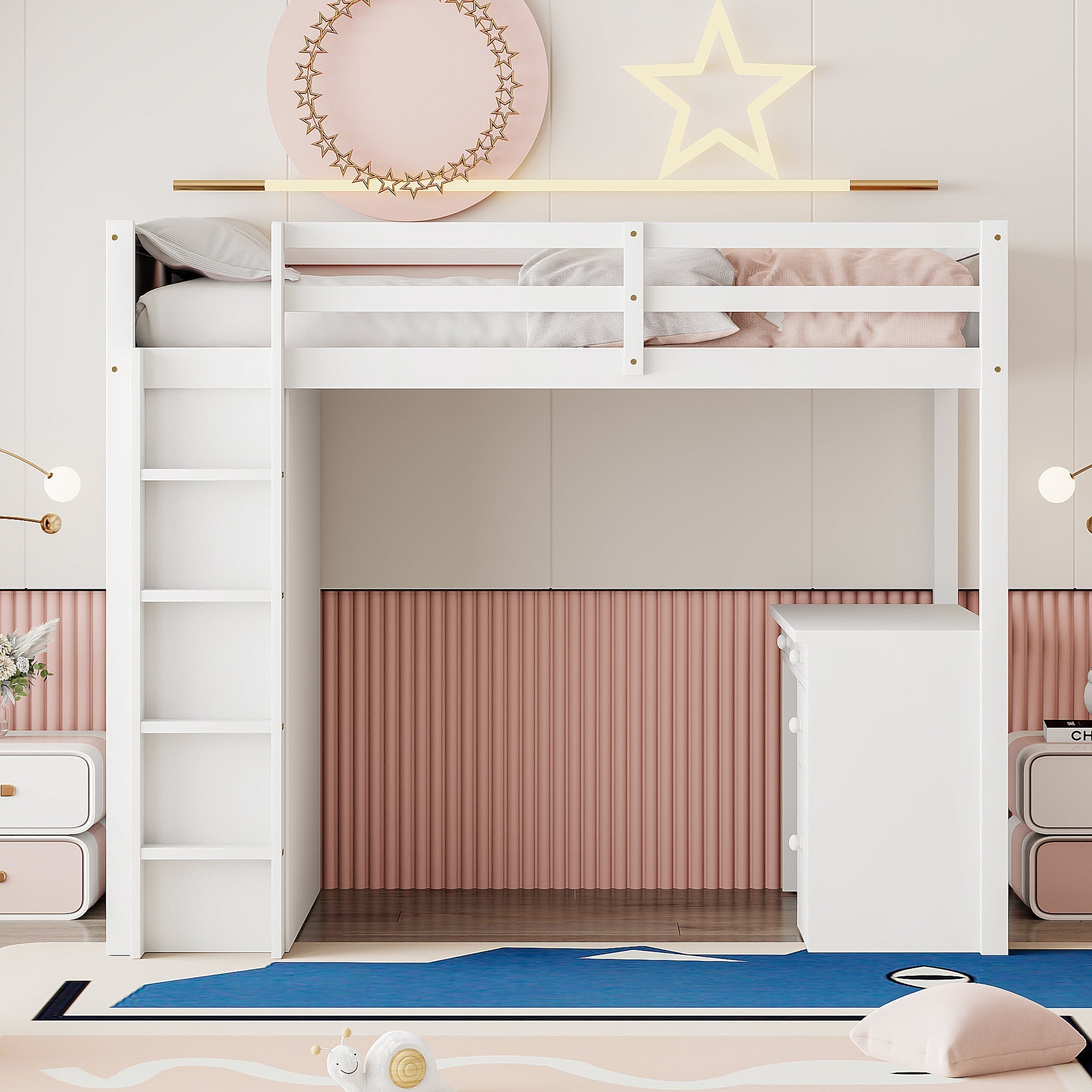 Loft Bed, 90x200 cm, Storage & Desk, Wood White