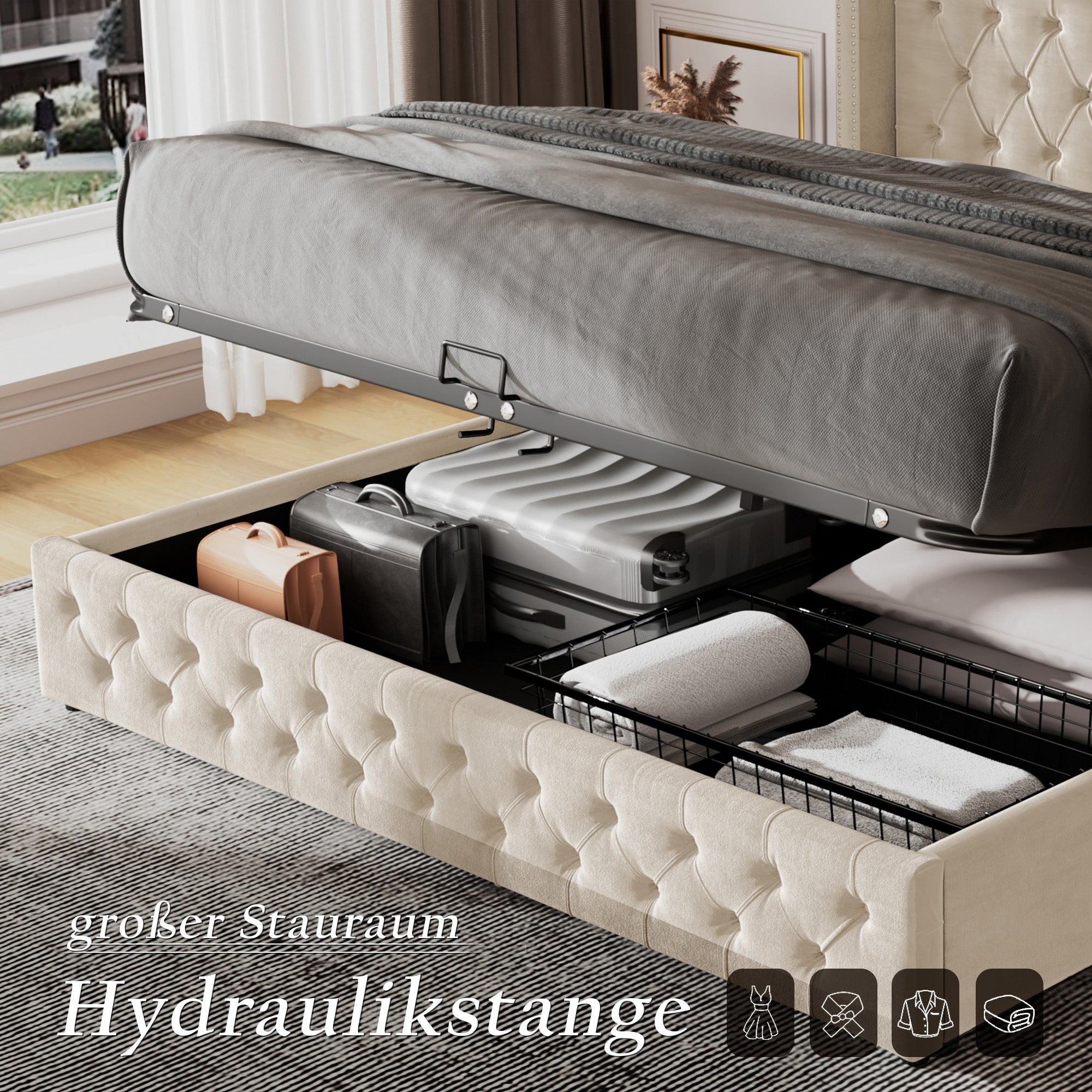 Upholstered Bed 140x200cm Hydraulic Storage Ear Shape Studs Button Tufted - Velvet Beige