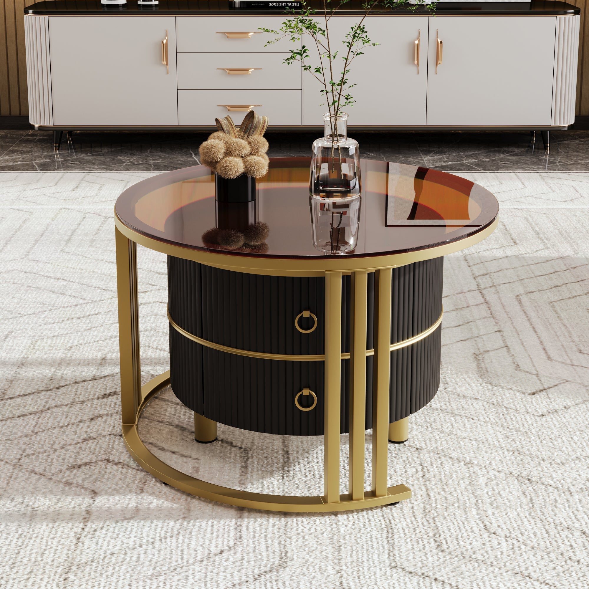 2-in-1 Round Coffee Table Set with 2 Drawers, MDF & Tempered Glass, Brown