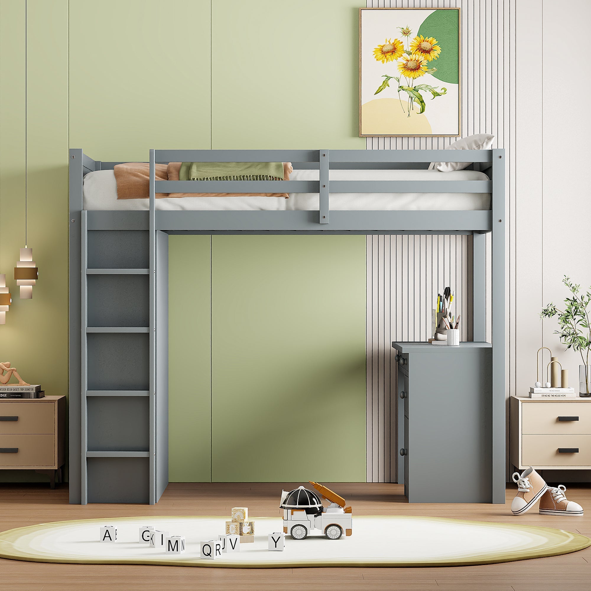 Loft Bed, 90x200cm with Storage & Desk, Wood Grey