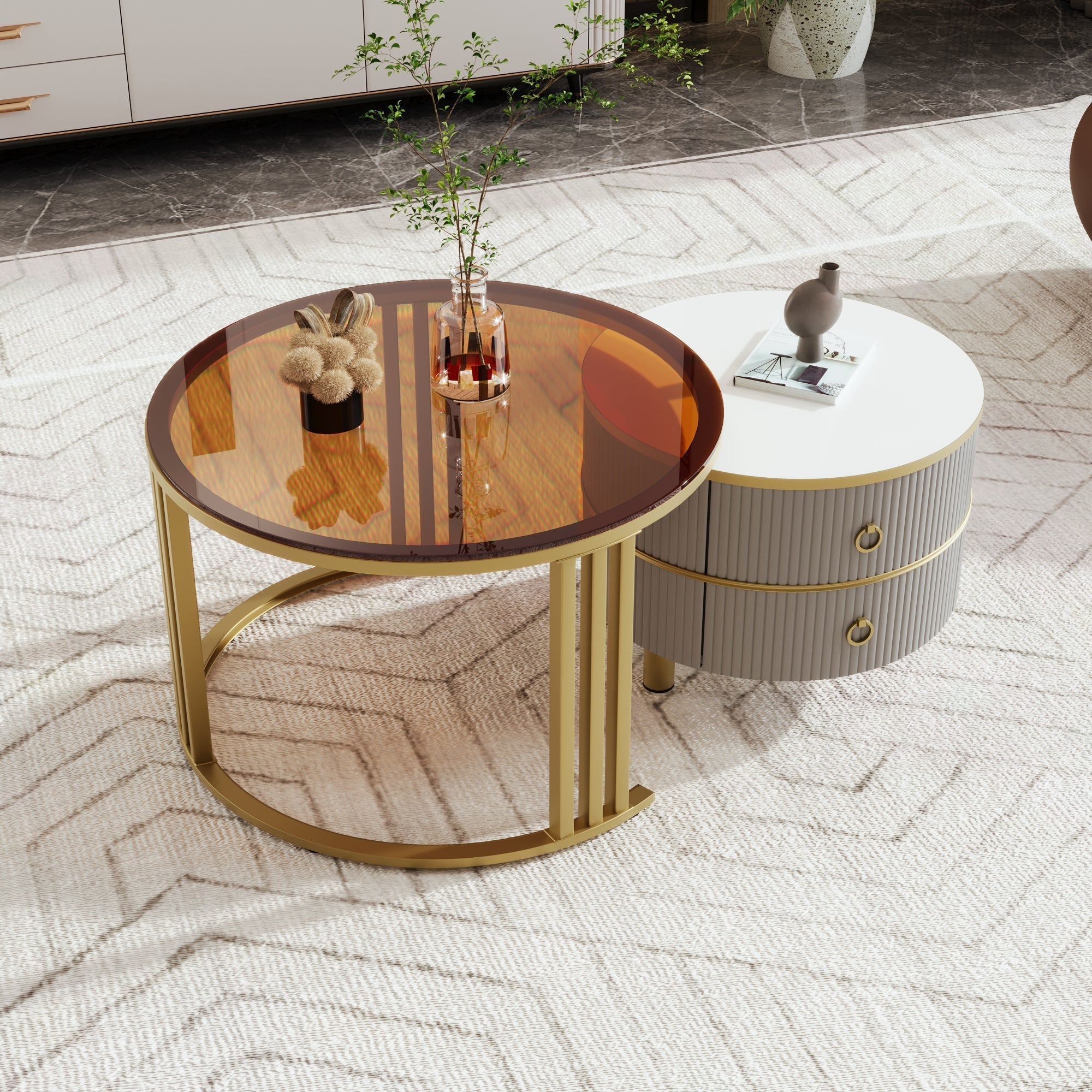 2-in-1 Round Coffee Table Set with High-Gloss Top, Tempered Glass Side Table, and 2 Drawers, Brown