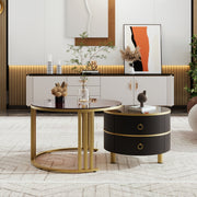 2-in-1 Round Coffee Table Set with 2 Drawers, MDF & Tempered Glass, Brown