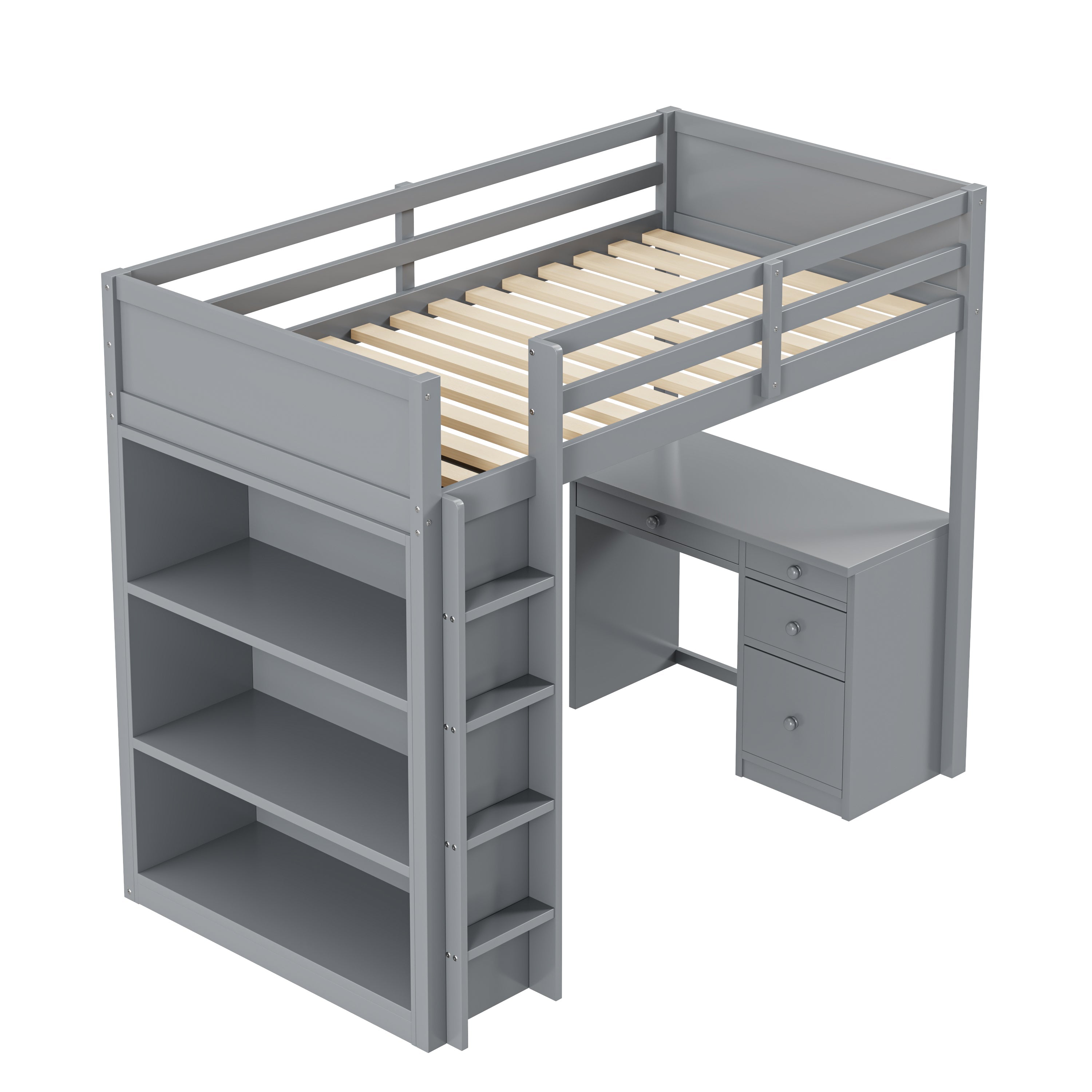 Loft Bed, 90x200cm with Storage & Desk, Wood Grey