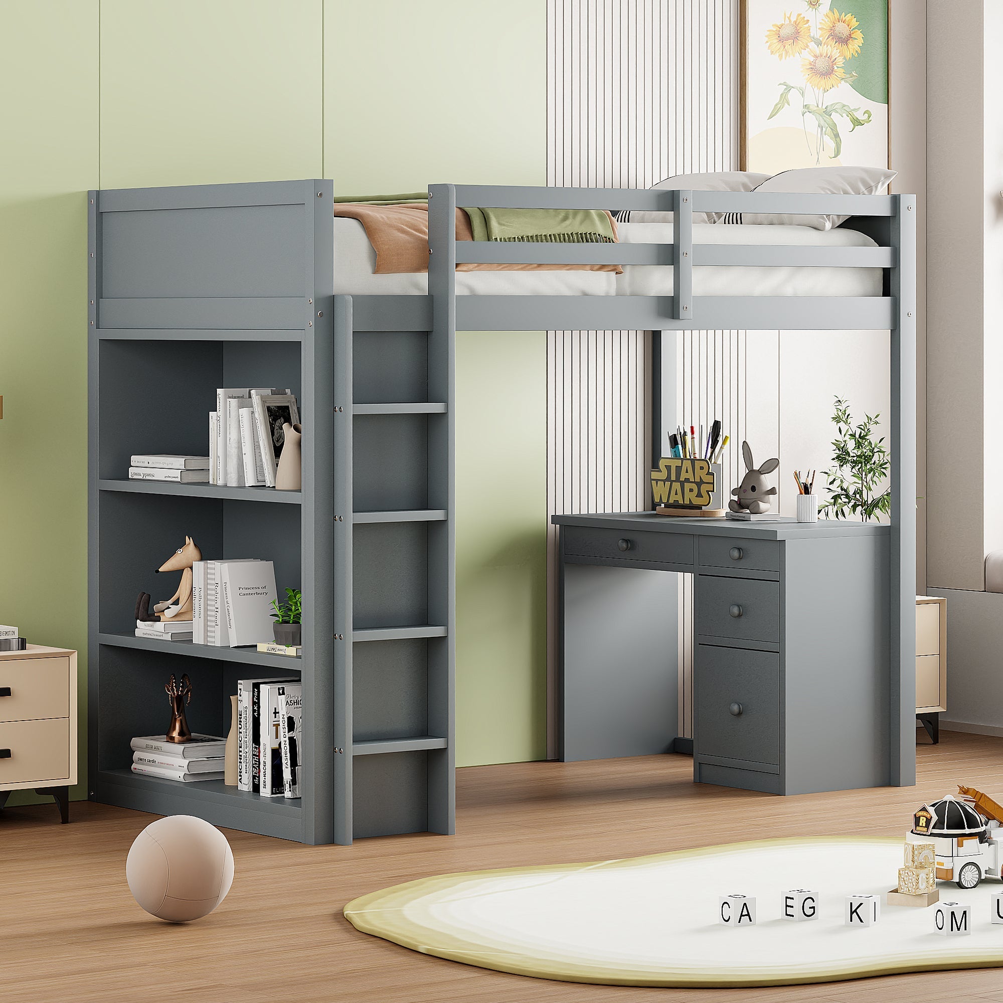 Loft Bed, 90x200cm with Storage & Desk, Wood Grey