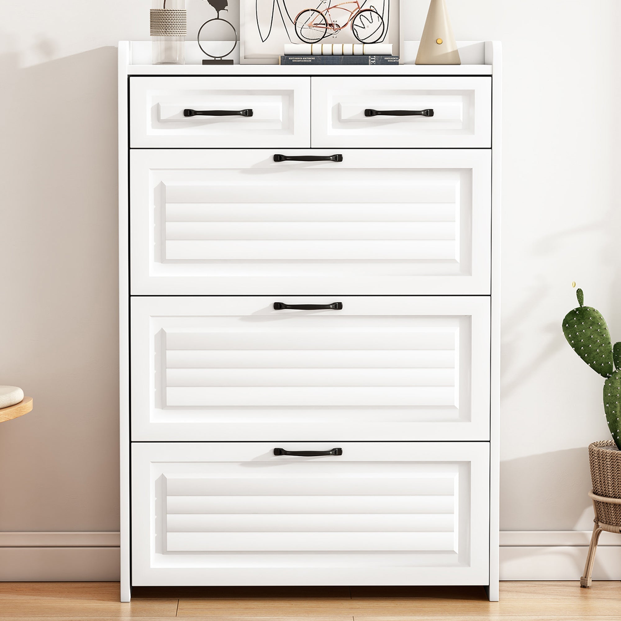 Shoe Cabinet 3 Doors 2 Drawers, W80/H131 cm, Wooden
