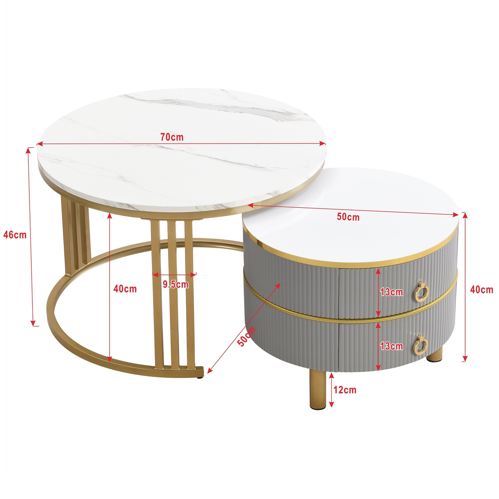Coffee Table Set, 2-in-1 MDF Round Coffee Table with 2 Drawers & Side Table, White and Grey