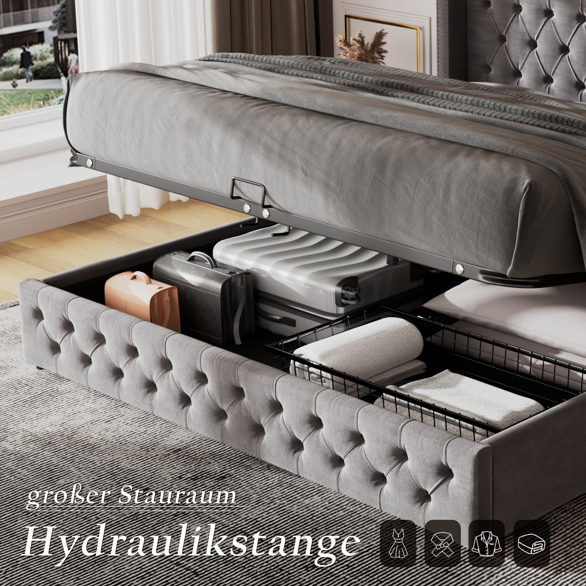 Upholstered Bed with Ear-Shaped Headboard and Hydraulic Storage, 140x200cm, Grey Flannel