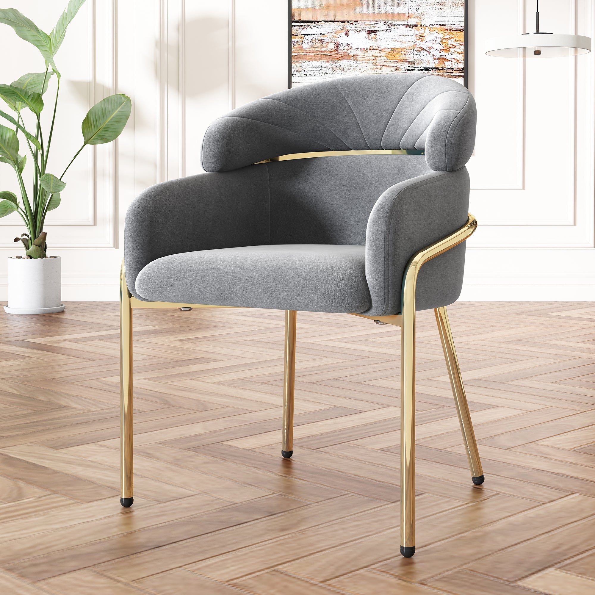 Dining Chair Set of 6, Leisure Chair with Metal Legs, Grey Velvet