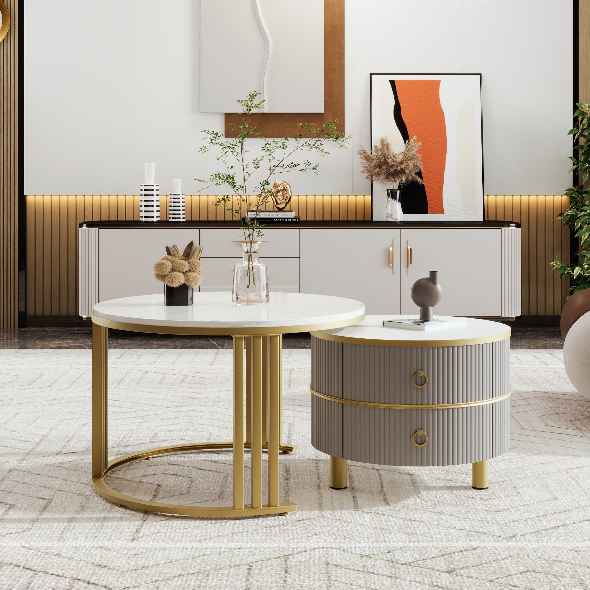 Coffee Table Set, 2-in-1 MDF Round Coffee Table with 2 Drawers & Side Table, White and Grey