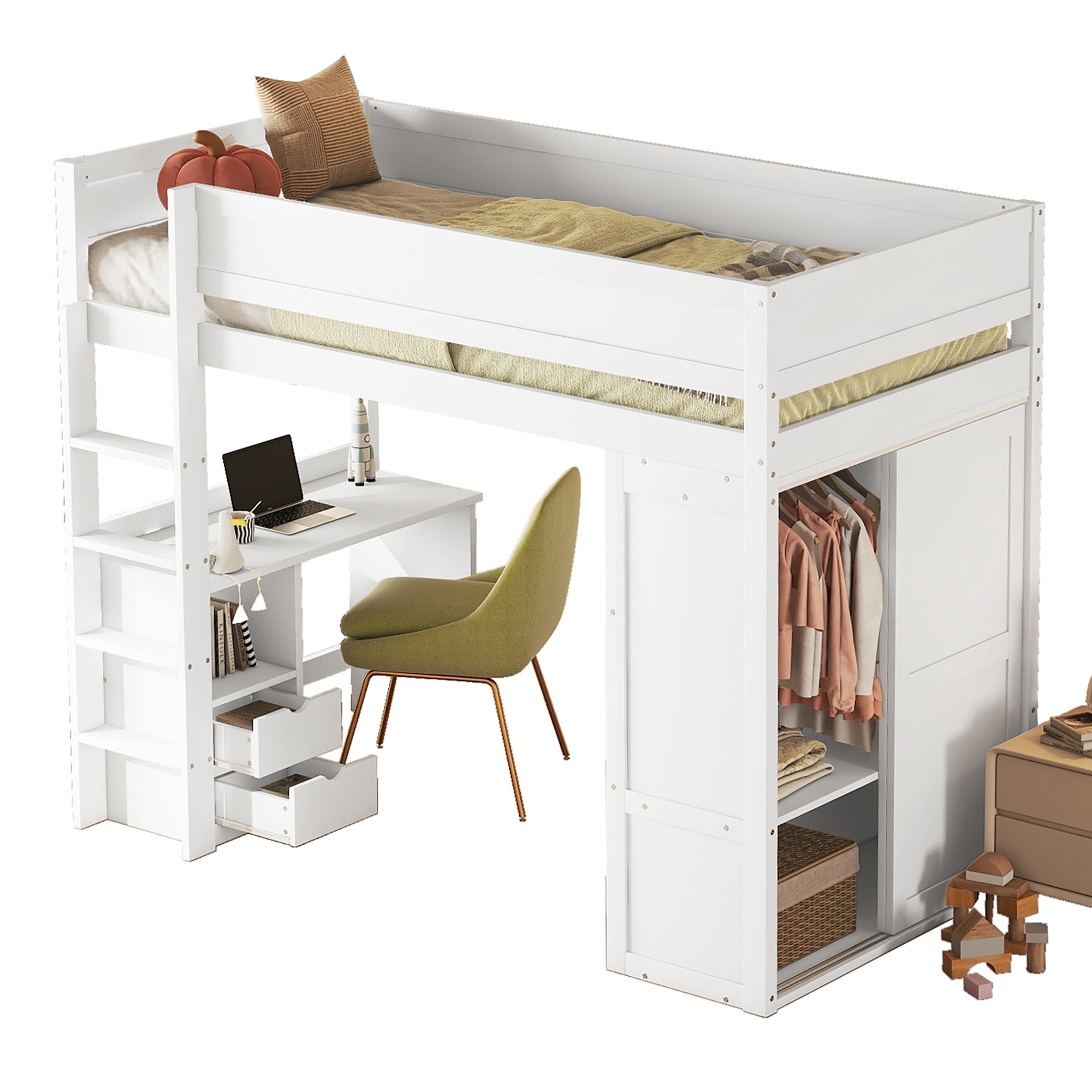Loft Bed 90x200cm with Desk Wardrobe Drawers - White