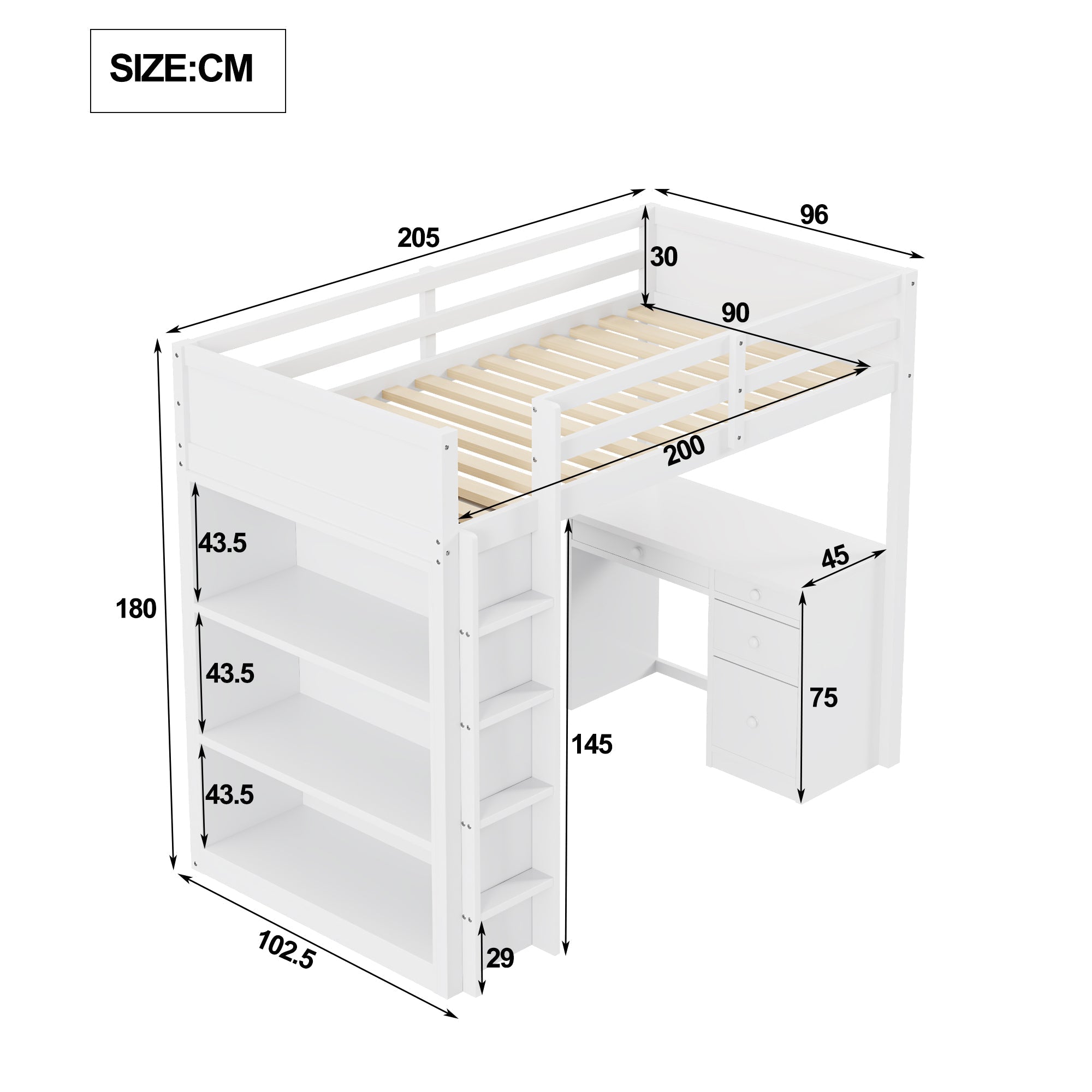 Loft Bed, 90x200 cm, Storage & Desk, Wood White