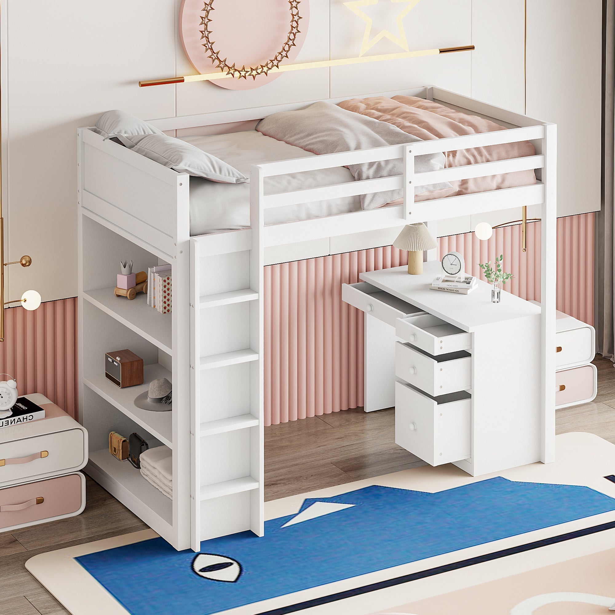 Loft Bed, 90x200 cm, Storage & Desk, Wood White