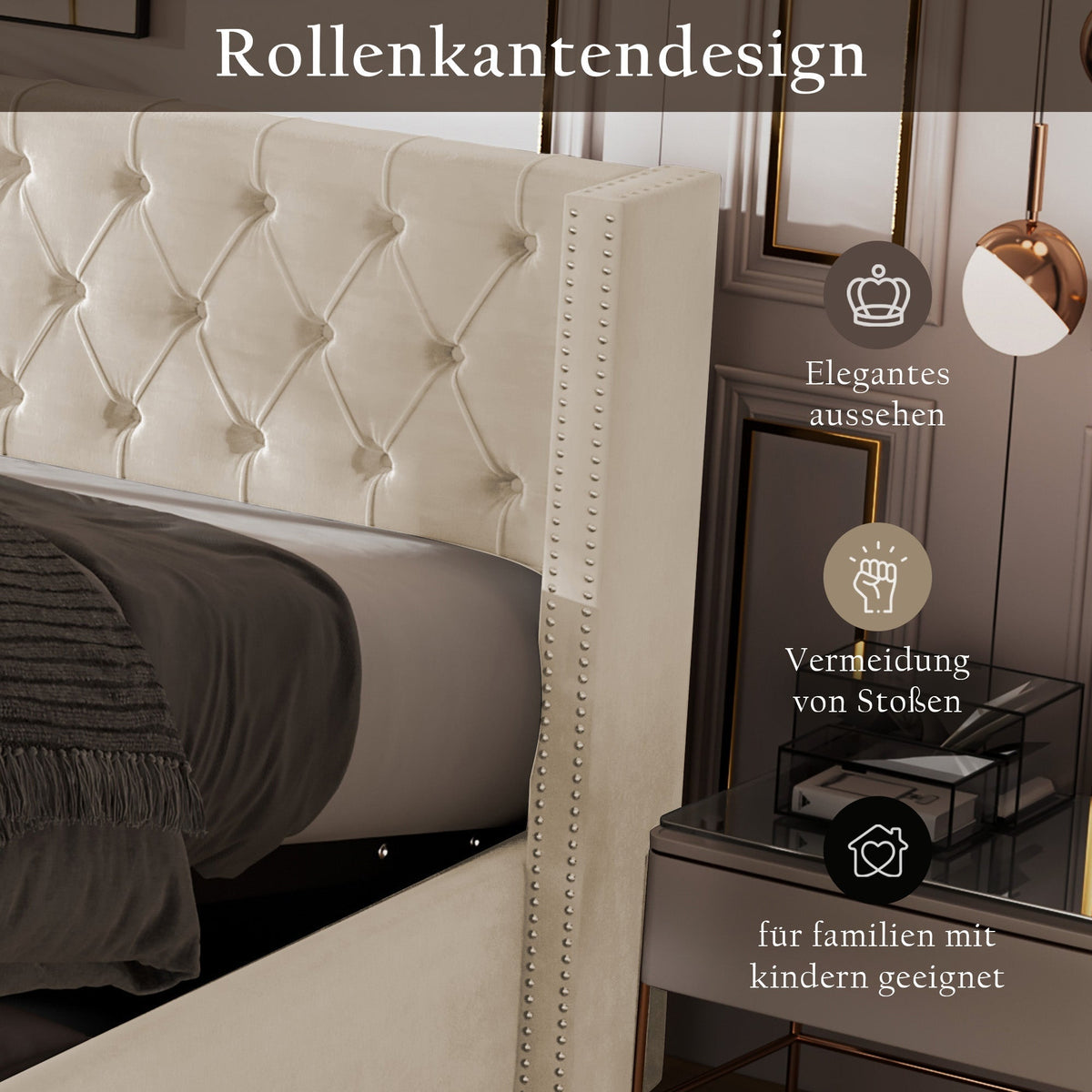 Upholstered Bed 140x200cm Hydraulic Storage Ear Shape Studs Button Tufted - Velvet Beige