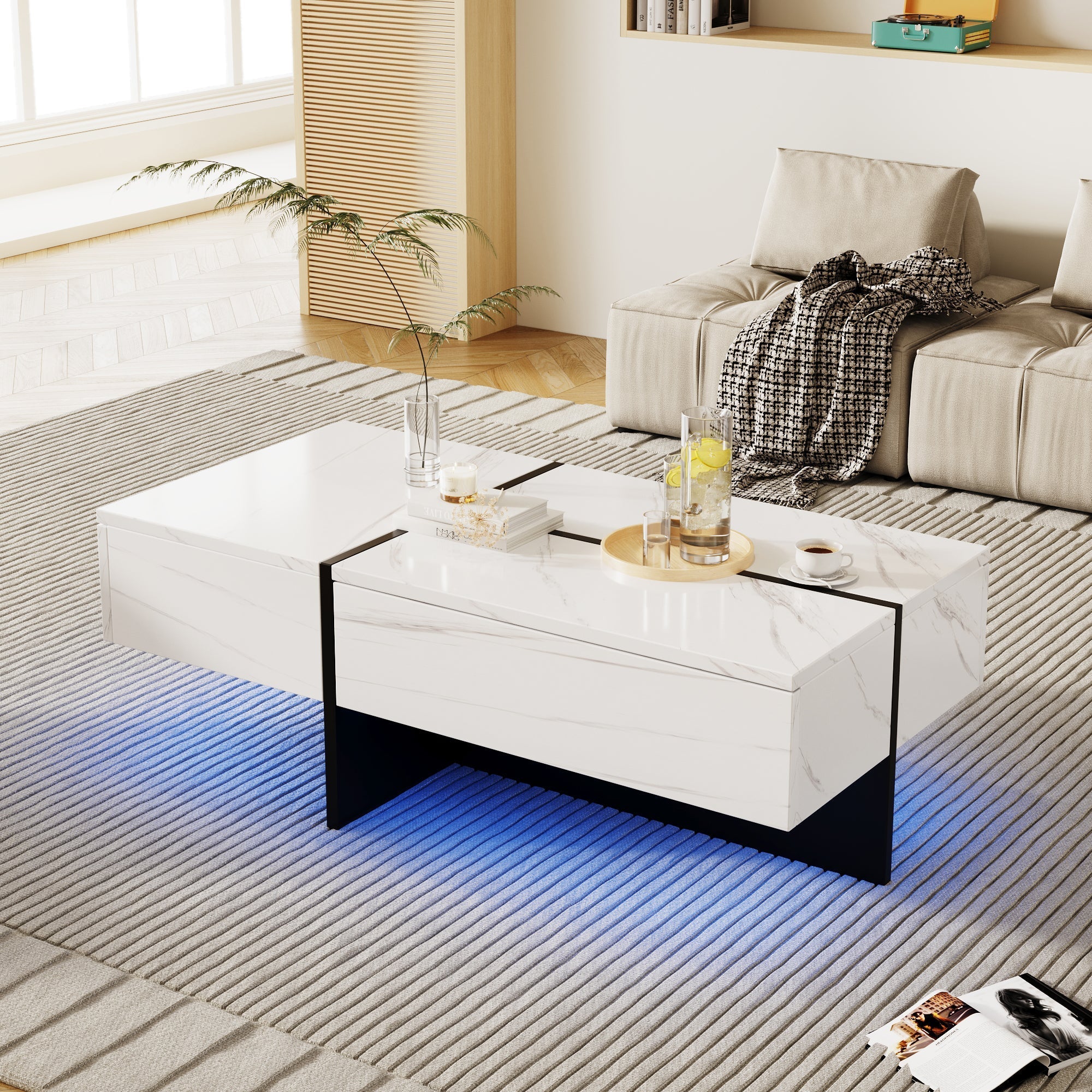 High-Gloss Coffee Table, 100x50x34.5cm, White Marble & Black Top