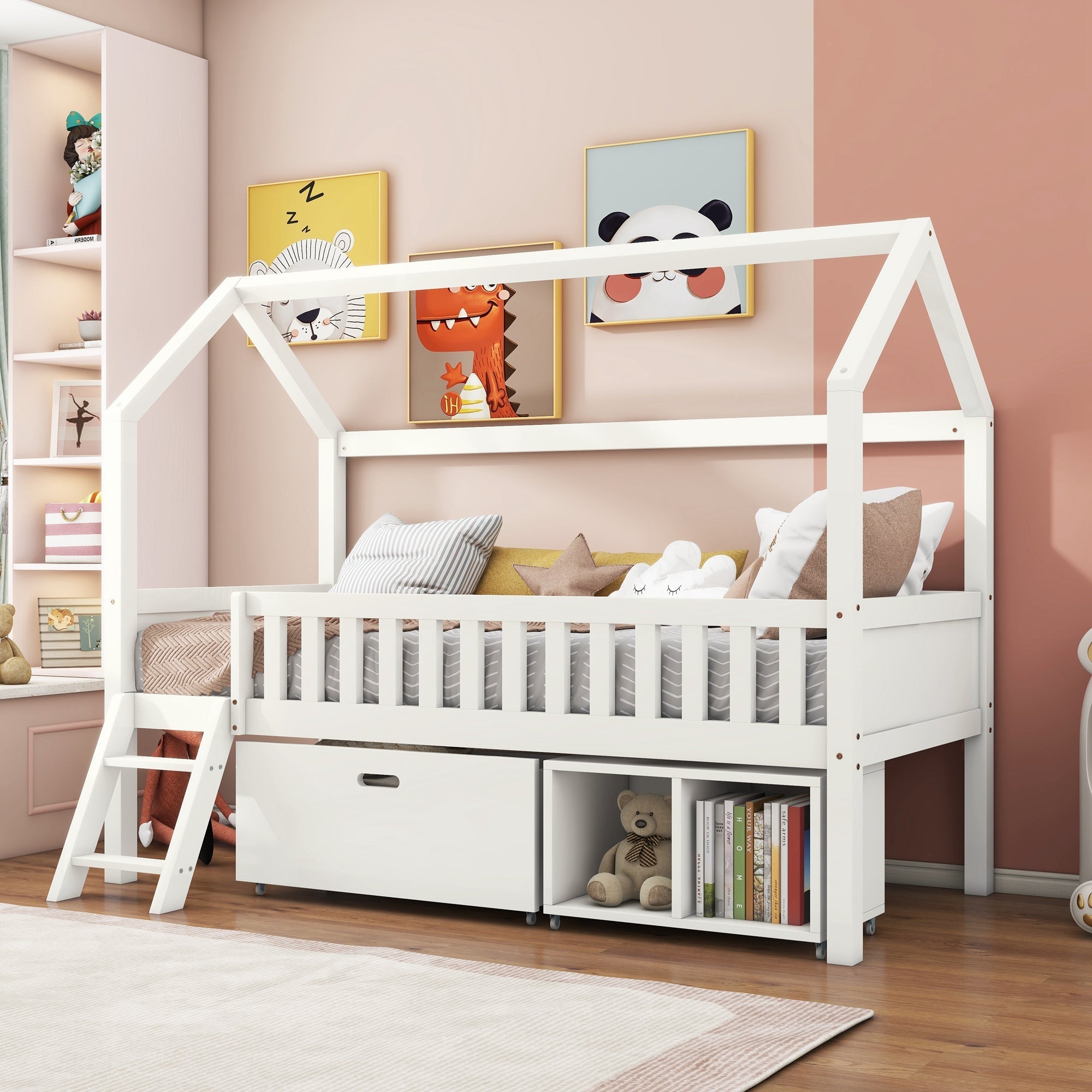 Household Bed, Children's Teen Bed, 90x190cm with Drawers, Storage, Anti-Fall Railings, White