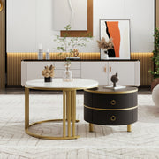 2-in-1 Round Coffee Table Set with Side Table, 2 Drawers, White and Black